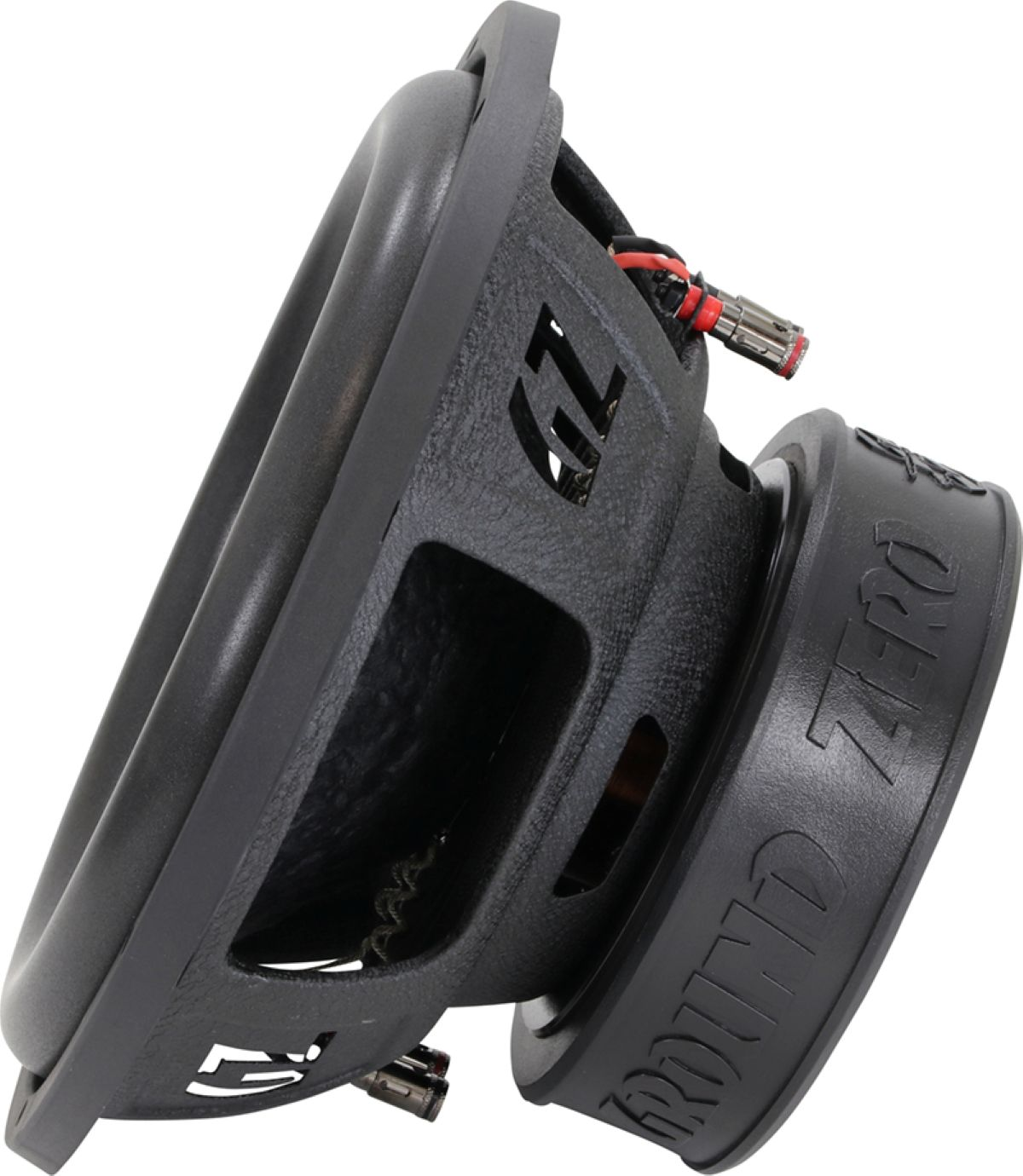Schwarzer Subwoofer mit roten und silbernen Anschlüssen, geformtem Korb und Logo.