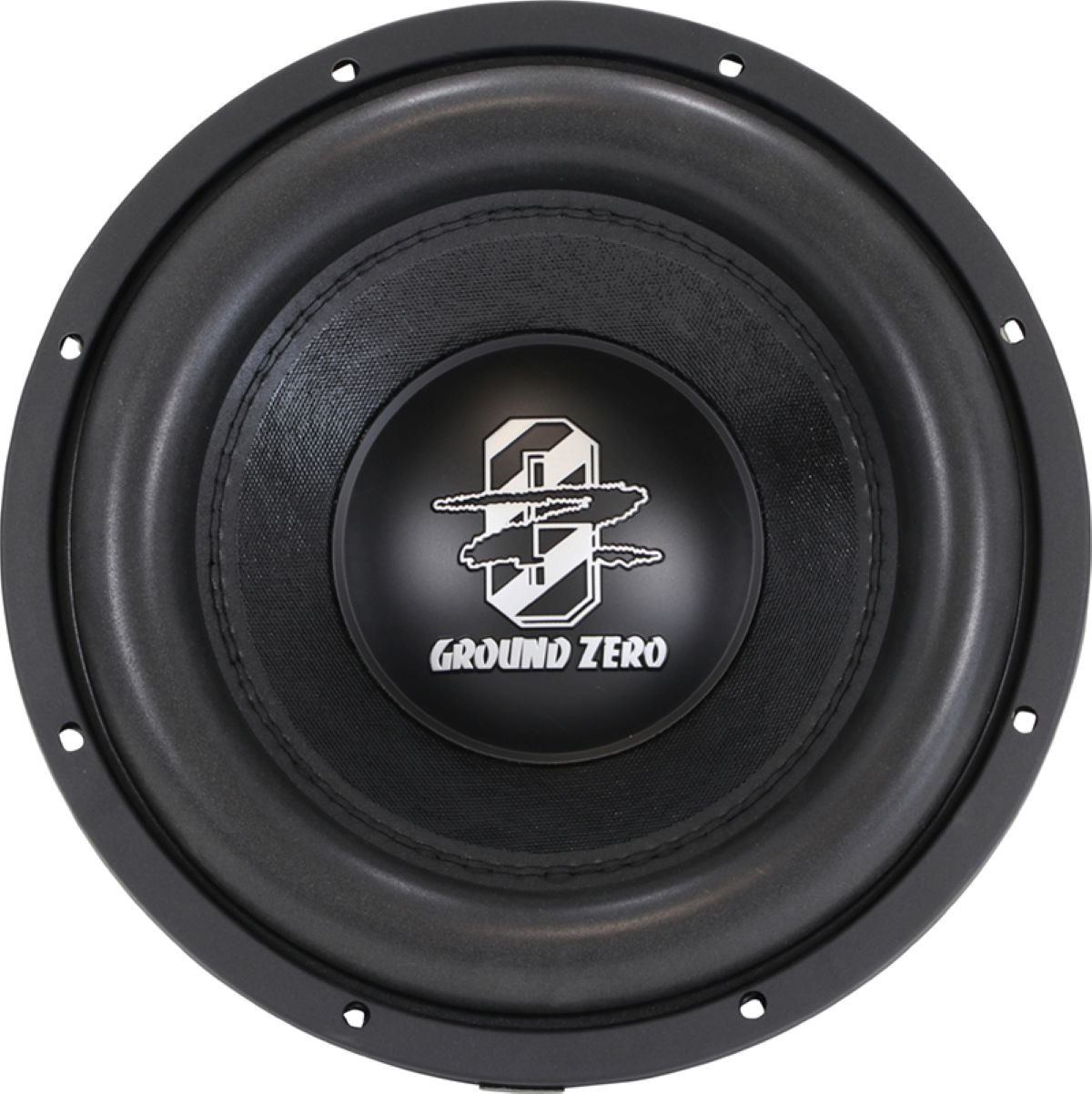 Schwarzer Subwoofer mit silbernem Logo und Schriftzug "GROUND ZERO".