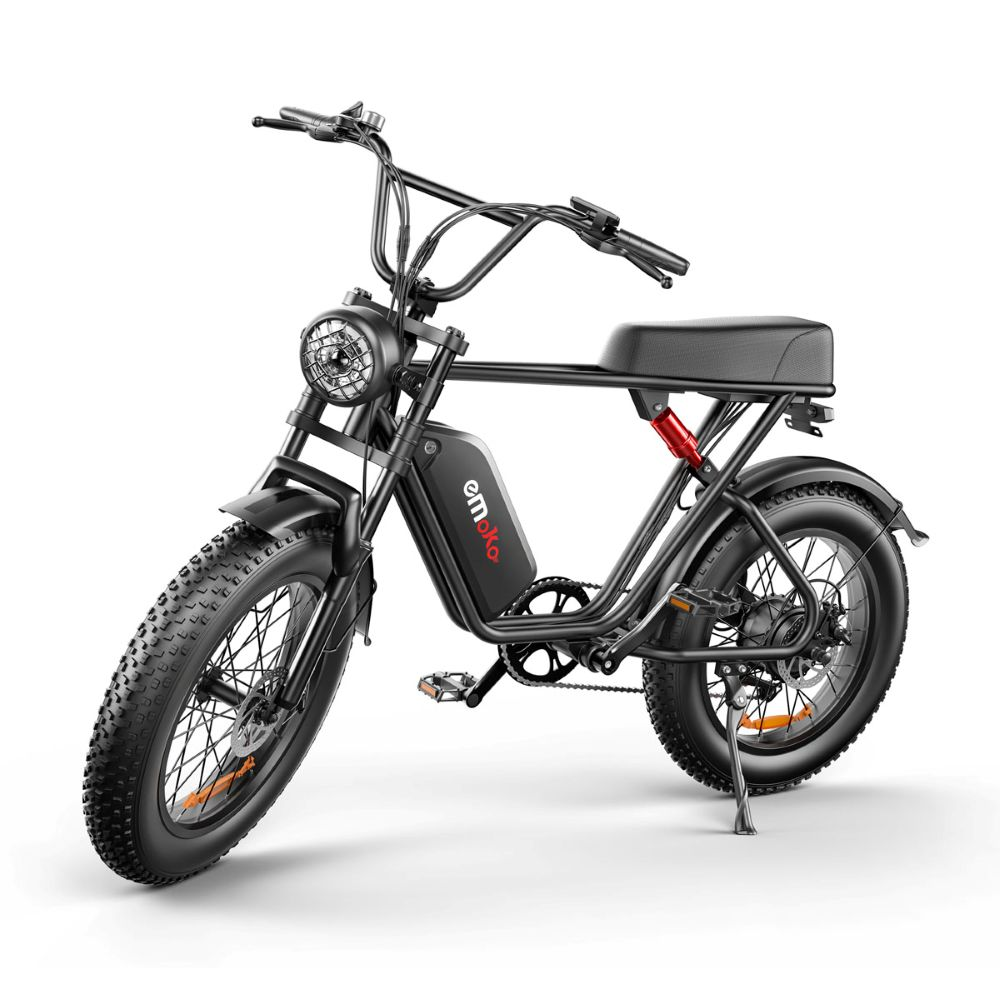 Bicicletta elettrica nera con pneumatici larghi e faro rotondo, su sfondo bianco.