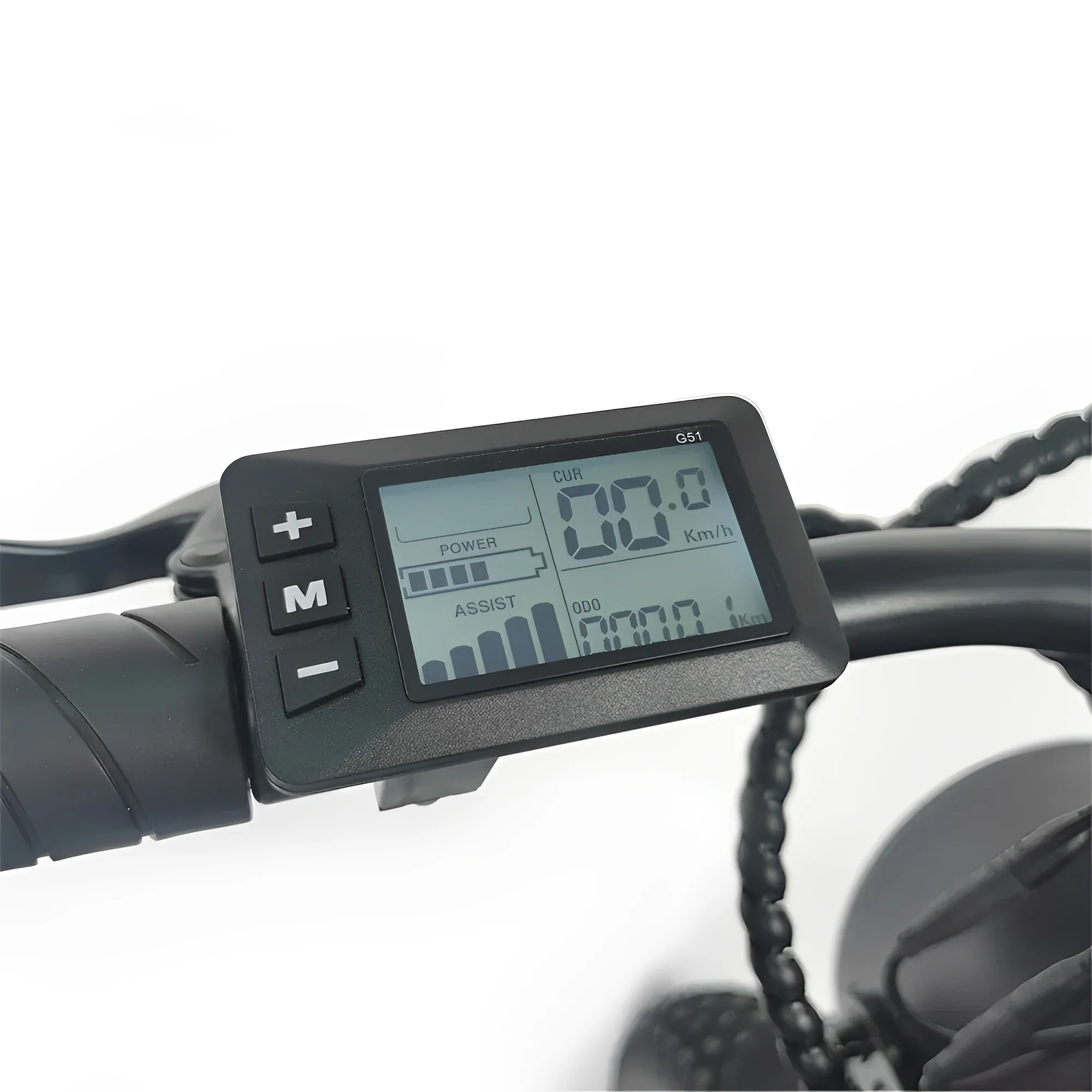 Pantalla de e-bike mostrando velocidad, nivel de batería y nivel de asistencia.
