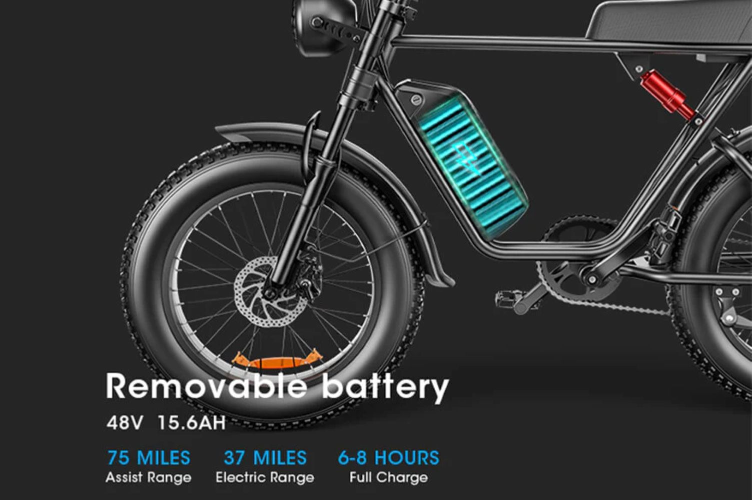 Bicicleta eléctrica negra con batería extraíble, 48V 15.6AH. Autonomía 75/37 mi.