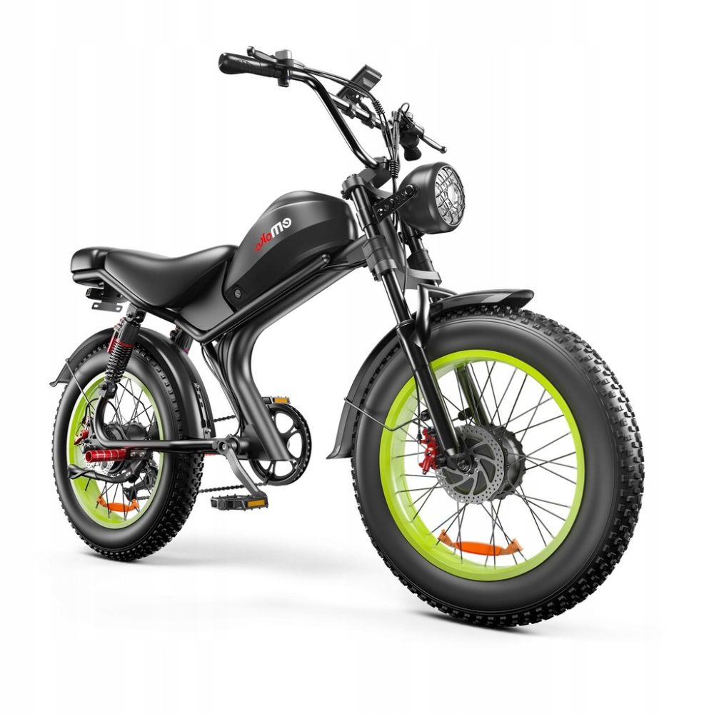 Bicicleta eléctrica negra con neumáticos anchos y llantas verde neón.