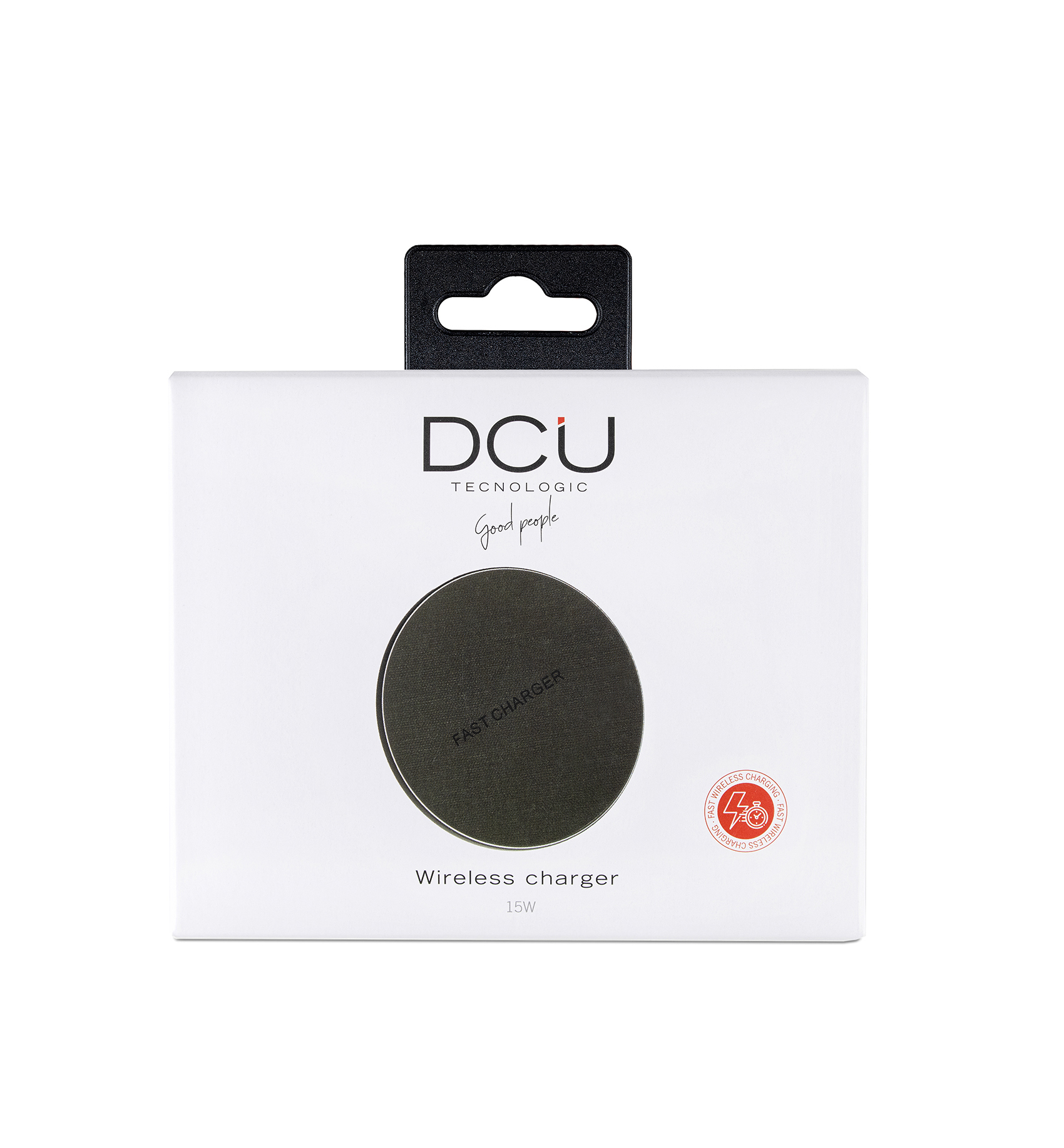 Embalaje de un cargador inalámbrico rápido DCU negro de 15W con diseño circular.