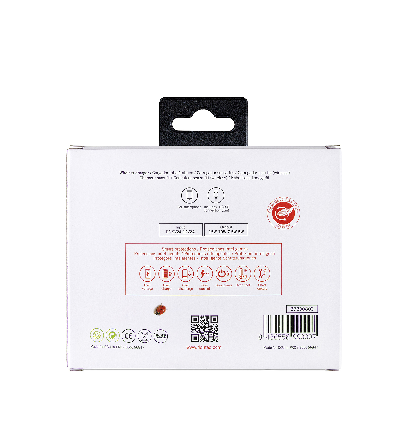 Caja de cargador inalámbrico con iconos de protección y especificaciones.