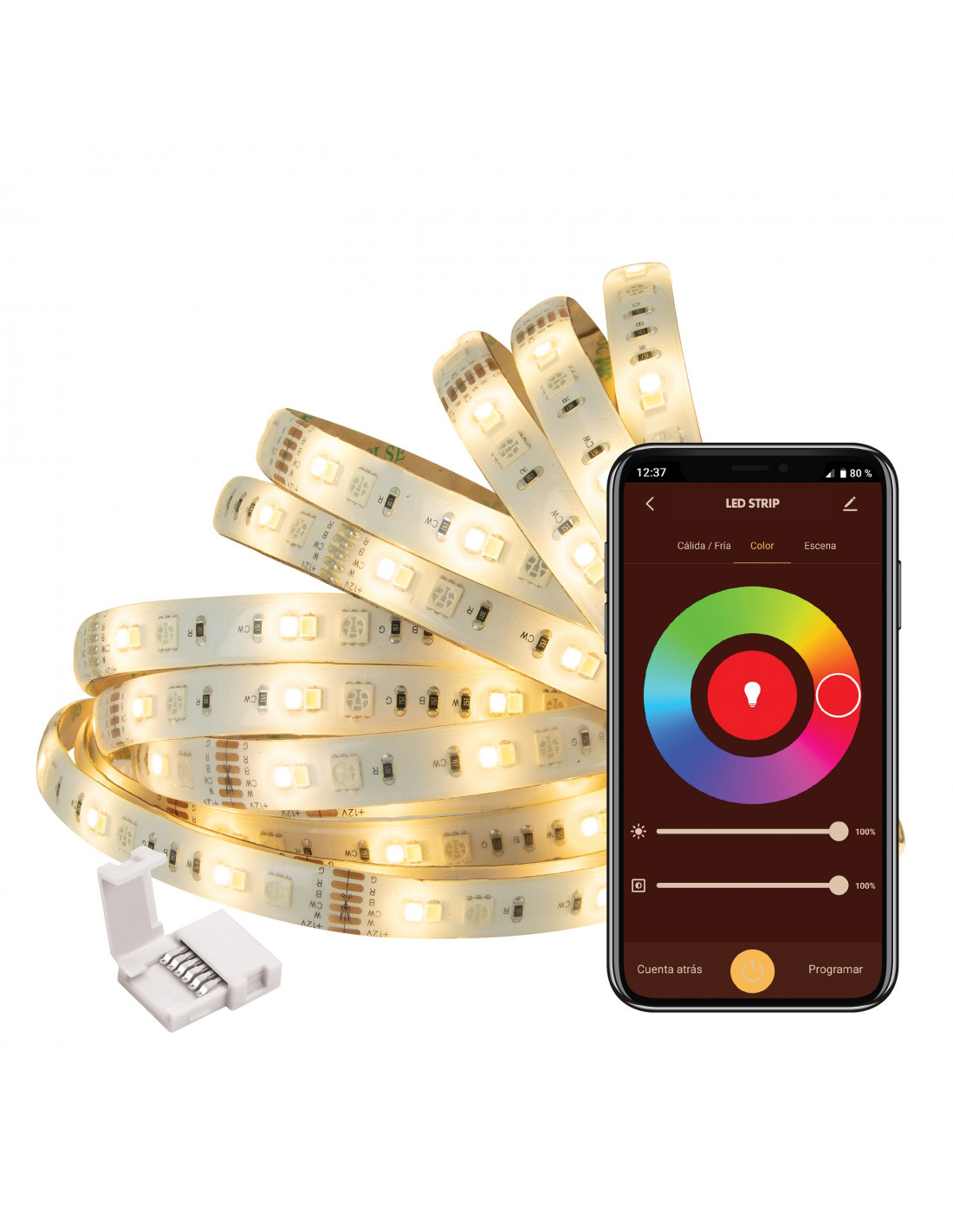 Zwijana taśma LED obok smartfona wyświetlającego aplikację do sterowania oświetleniem.