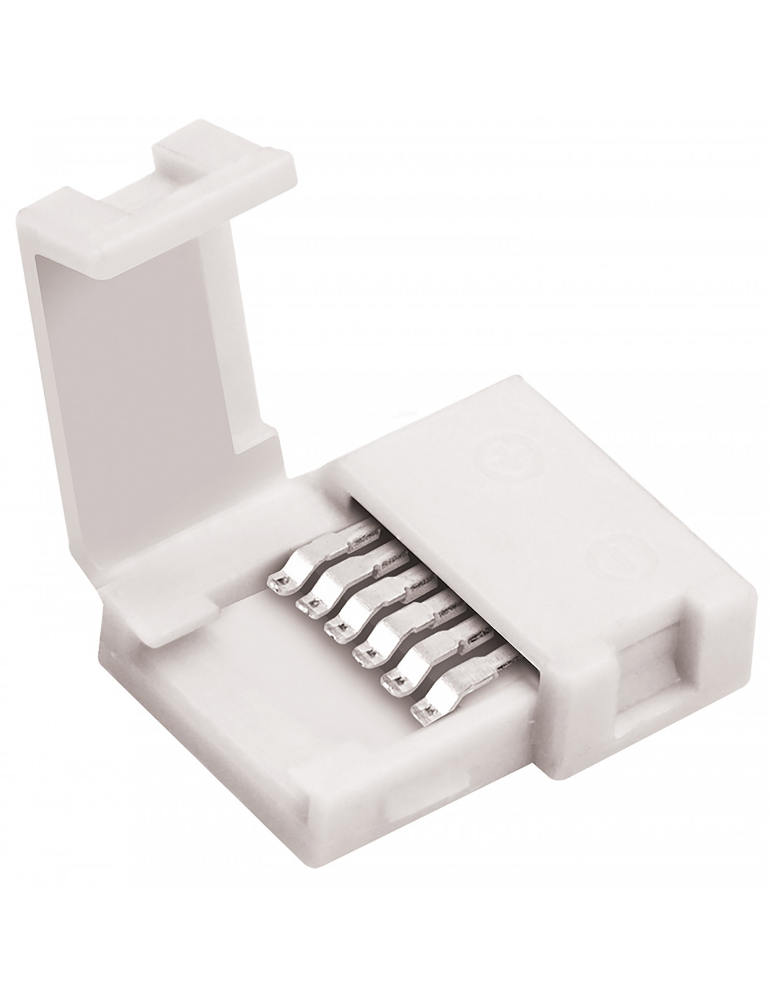 Białe złącze taśmy LED z sześcioma stykami.