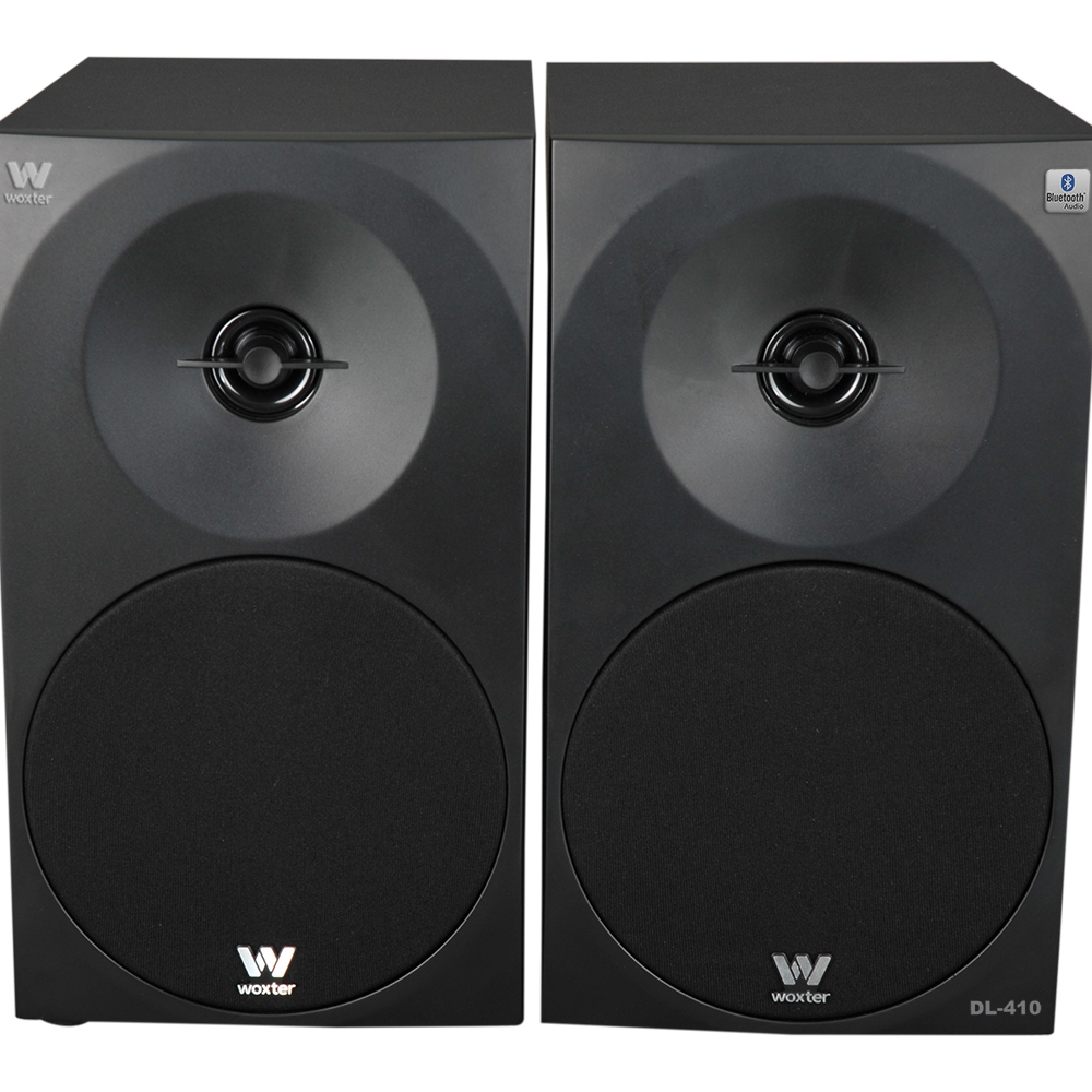 Dos altavoces Woxter negros con símbolo Bluetooth.