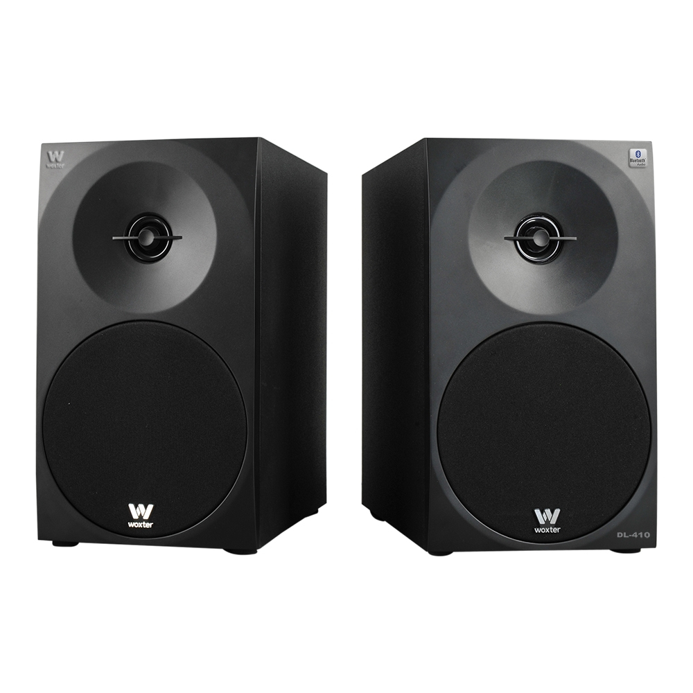 Dos altavoces negros con logos blancos y número de modelo DL-410.