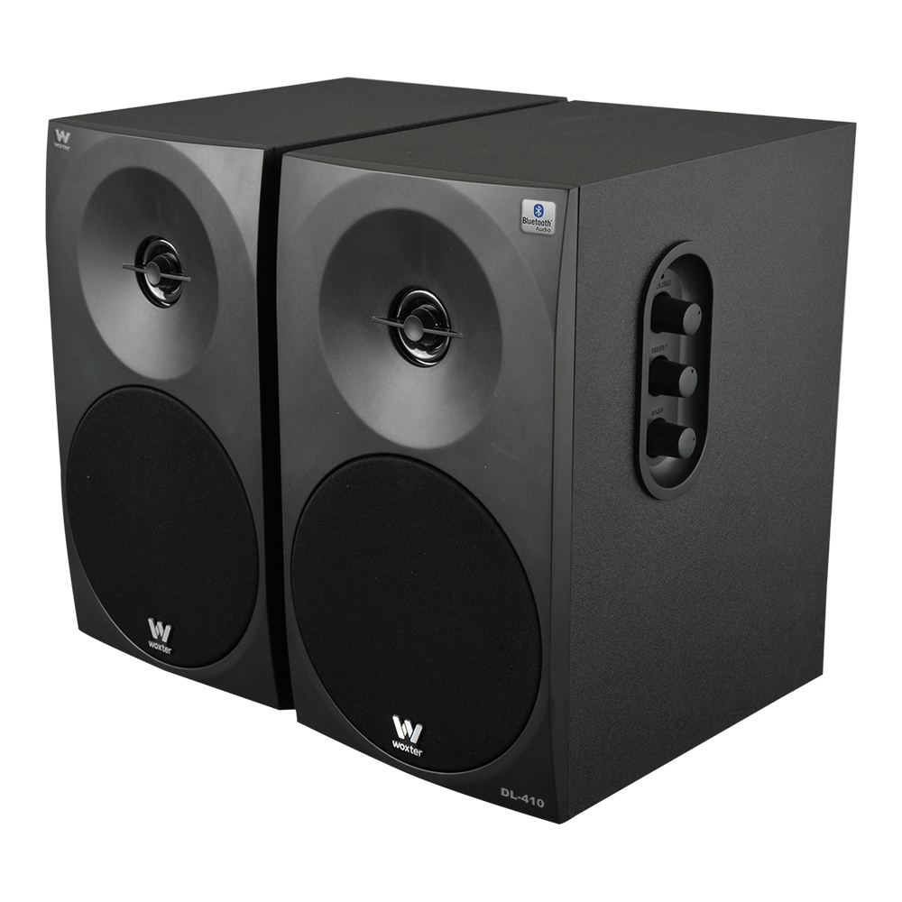 Dos altavoces negros uno al lado del otro, con logo Bluetooth y mandos.
