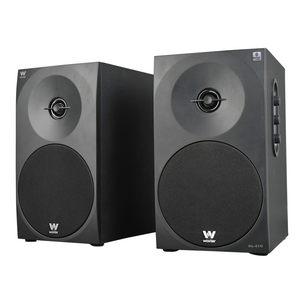 Dos altavoces negros Woxter DL-410 con logo Bluetooth Audio.