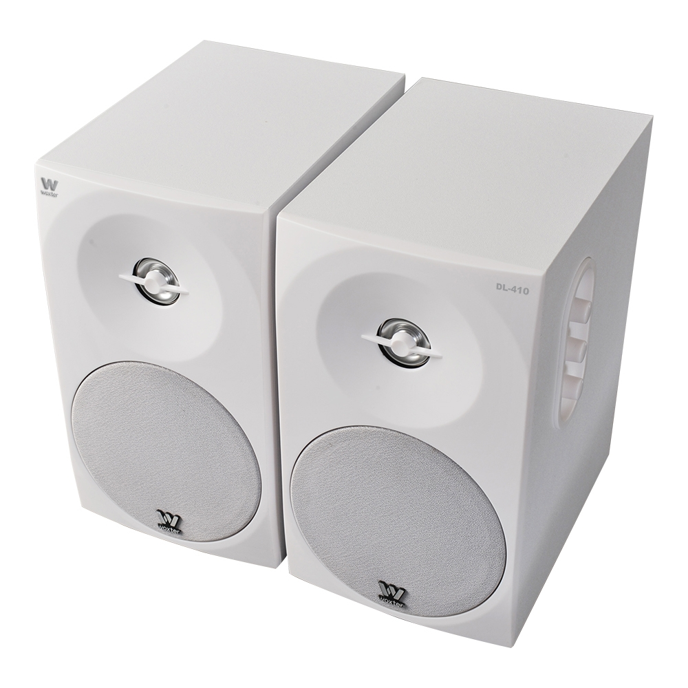 Due altoparlanti bianchi con woofer e tweeter argentati.