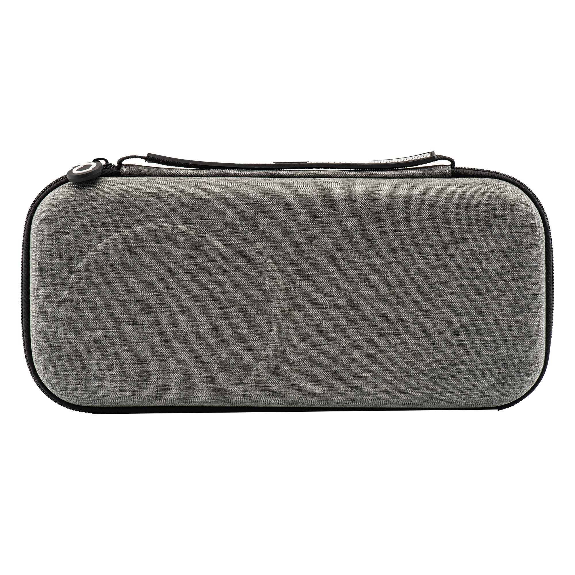 Funda de tela gris con cremallera y asa. Tiene una impresión circular.