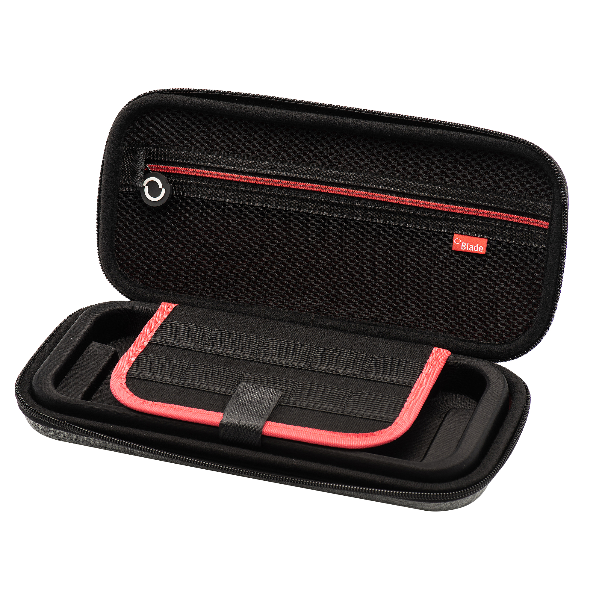 Funda de viaje negra con cremallera roja y bolsillo de malla interior.