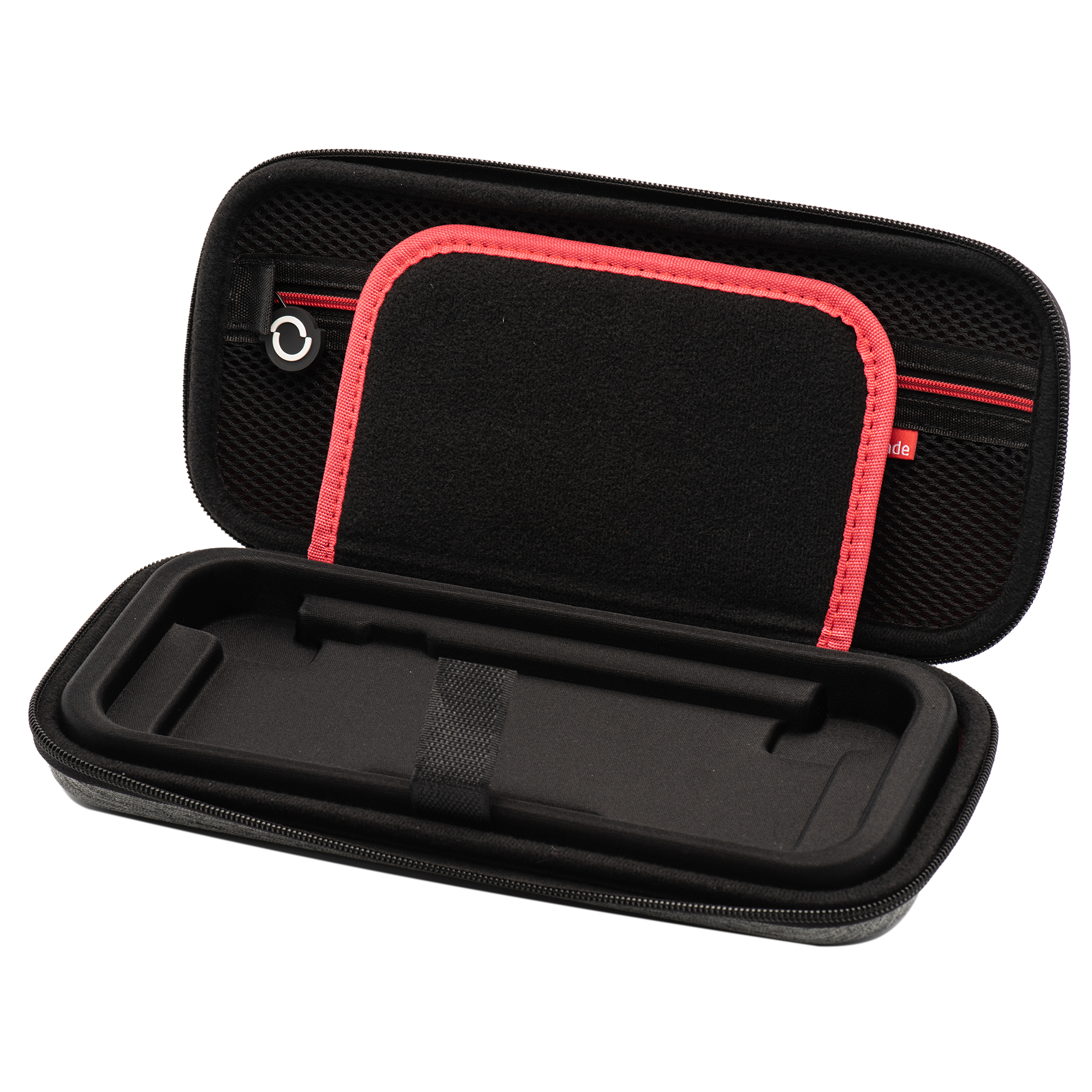 Estuche negro abierto con borde rojo, interior negro y bolsillo de malla.