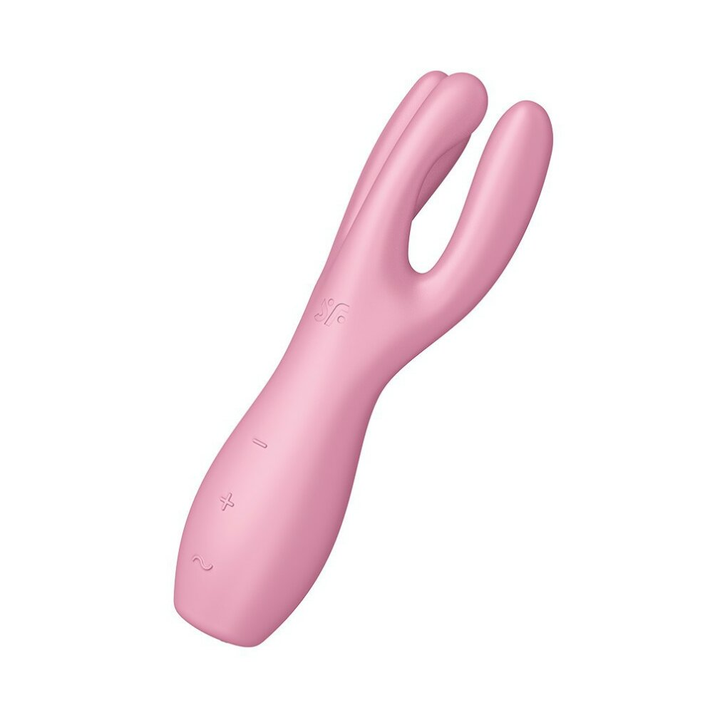 Un vibrador rosa con dos puntas y botones de control.