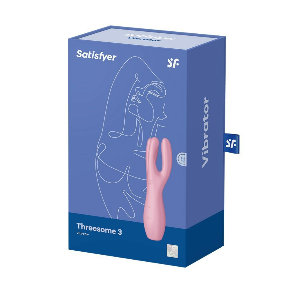 Un vibrador rosa de dos puntas sobre una caja azul con arte lineal de una mujer.