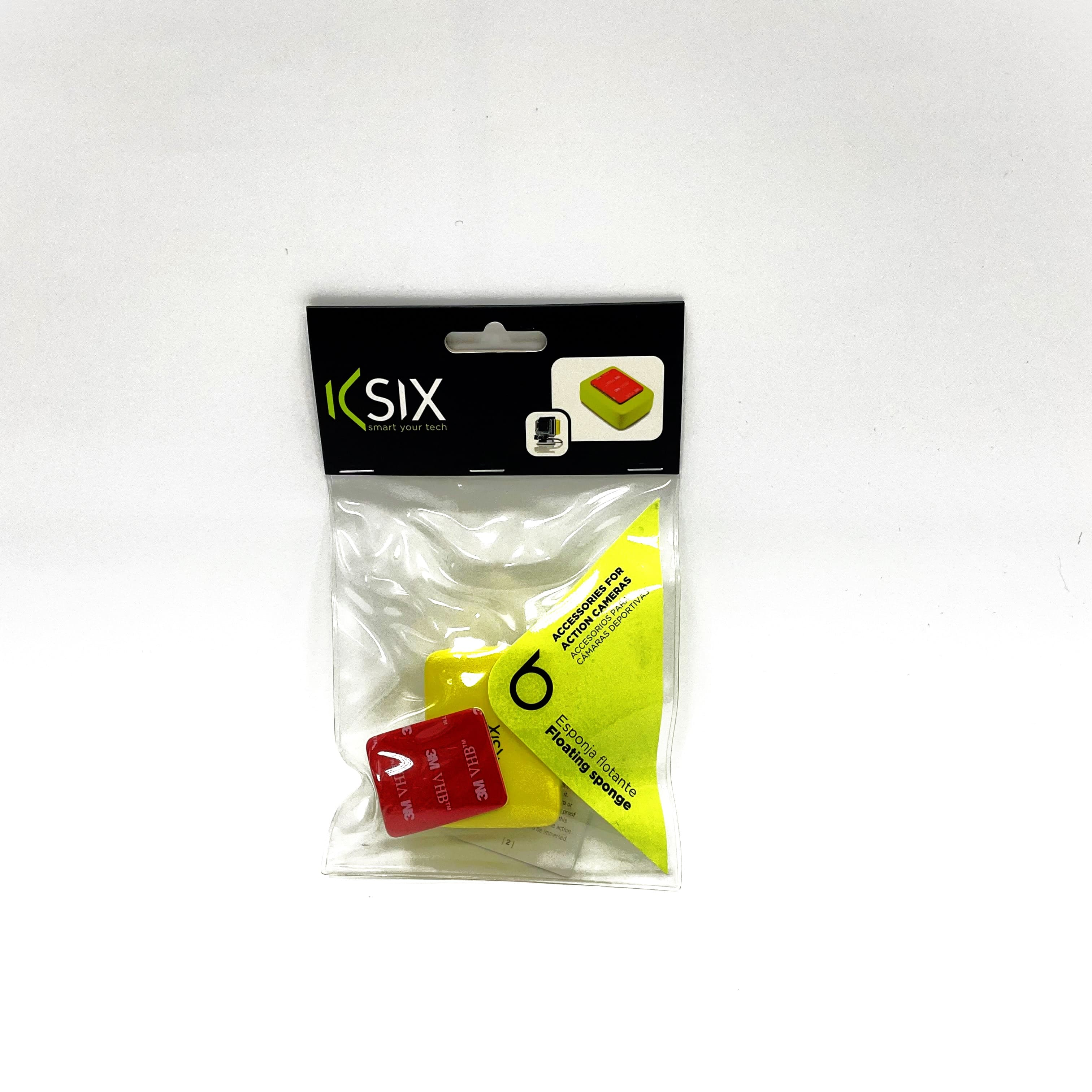 Opakowanie z akcesoriami do kamer akcji: żółte pływaki i czerwone podkładki samoprzylepne.