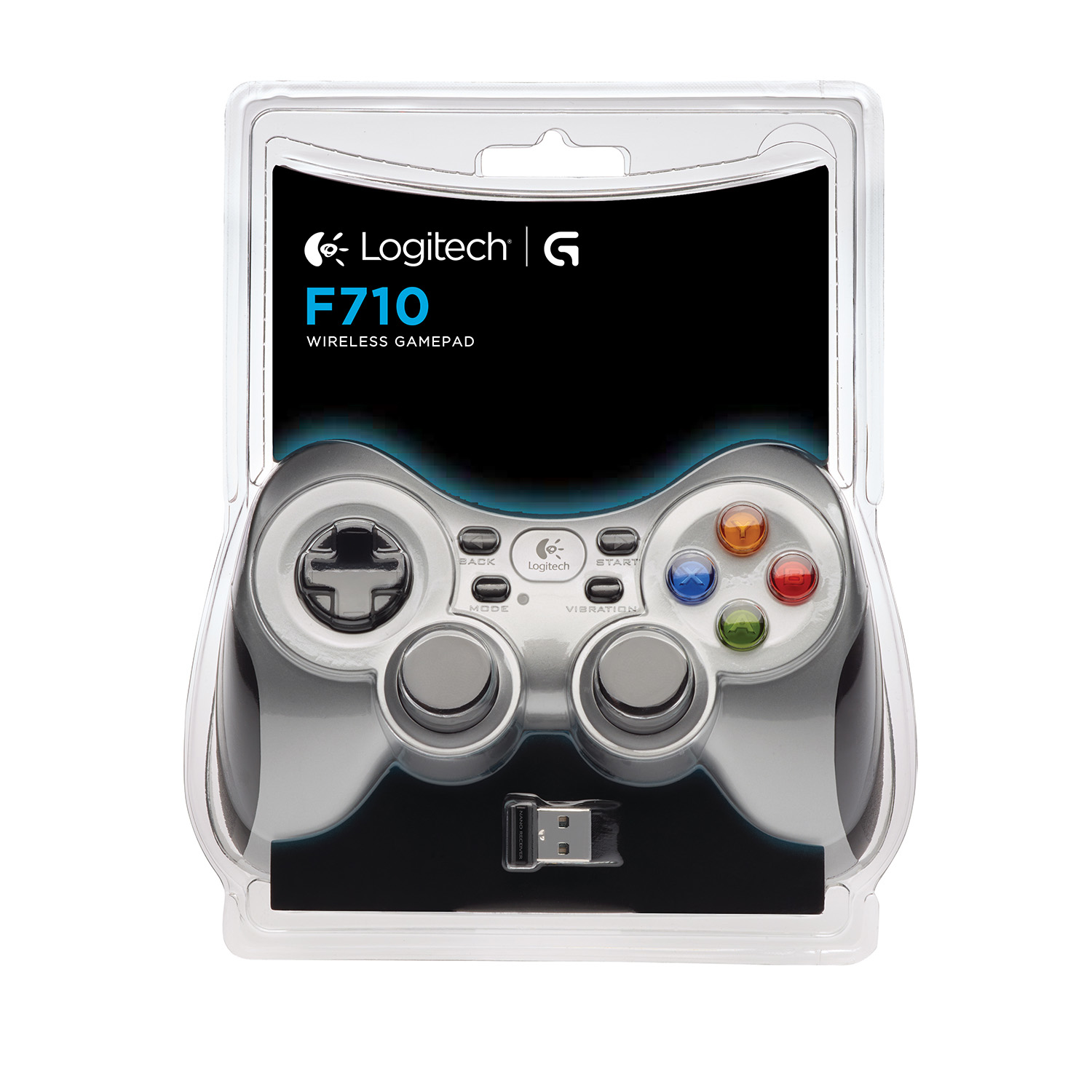 Bezprzewodowy gamepad Logitech F710 w opakowaniu blister z odbiornikiem USB.