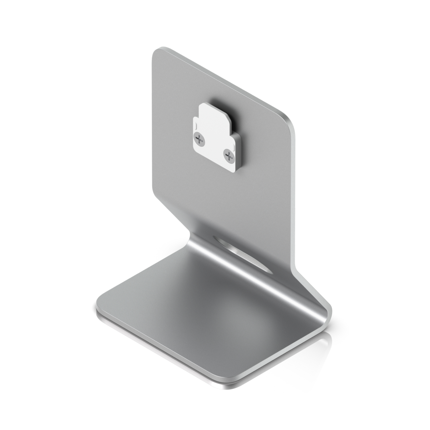 Srebrny stojak z białym uchwytem przymocowanym dwiema śrubami z tyłu.