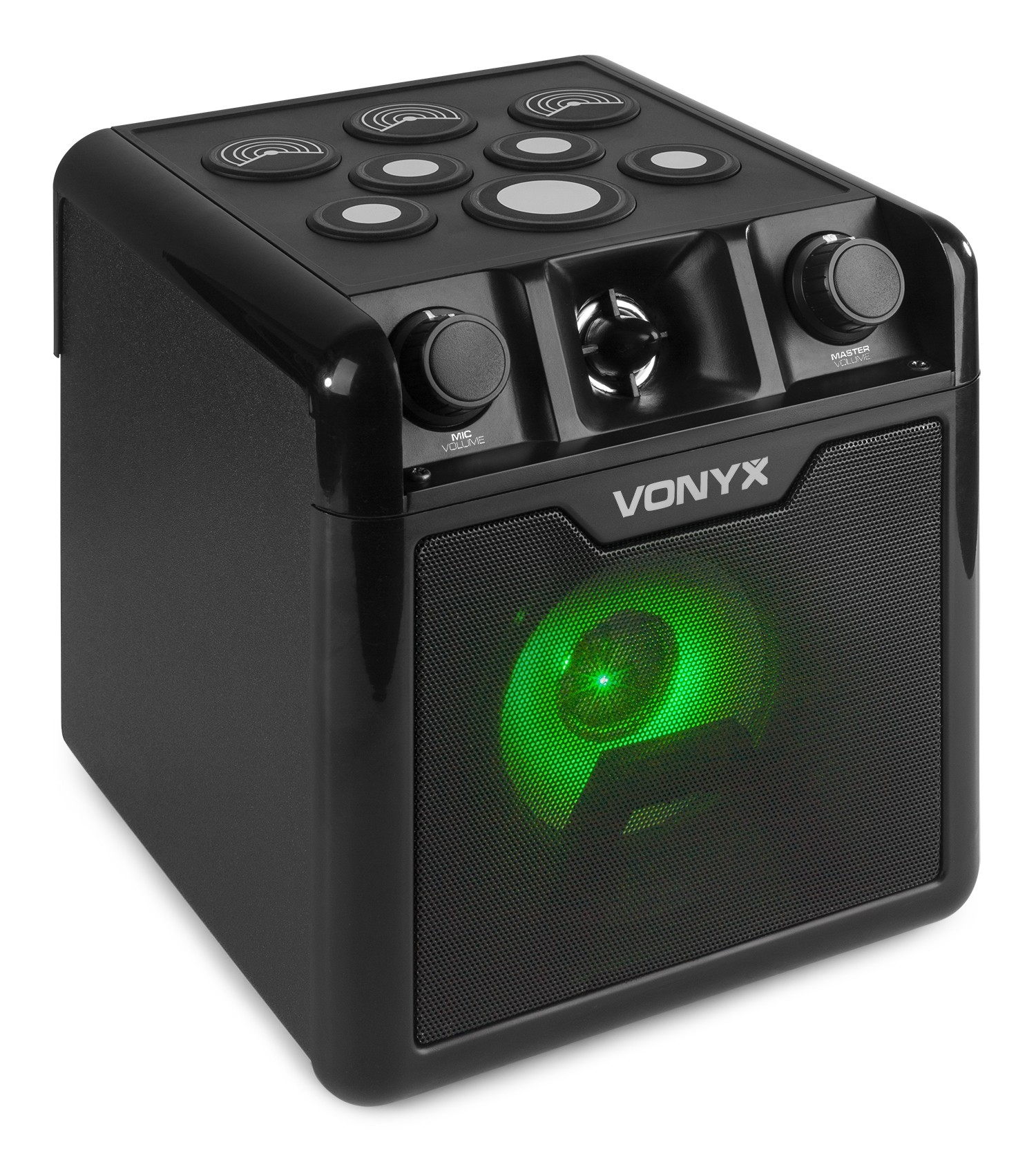 Altavoz Vonyx negro con luz verde, diales y botones en la parte superior.