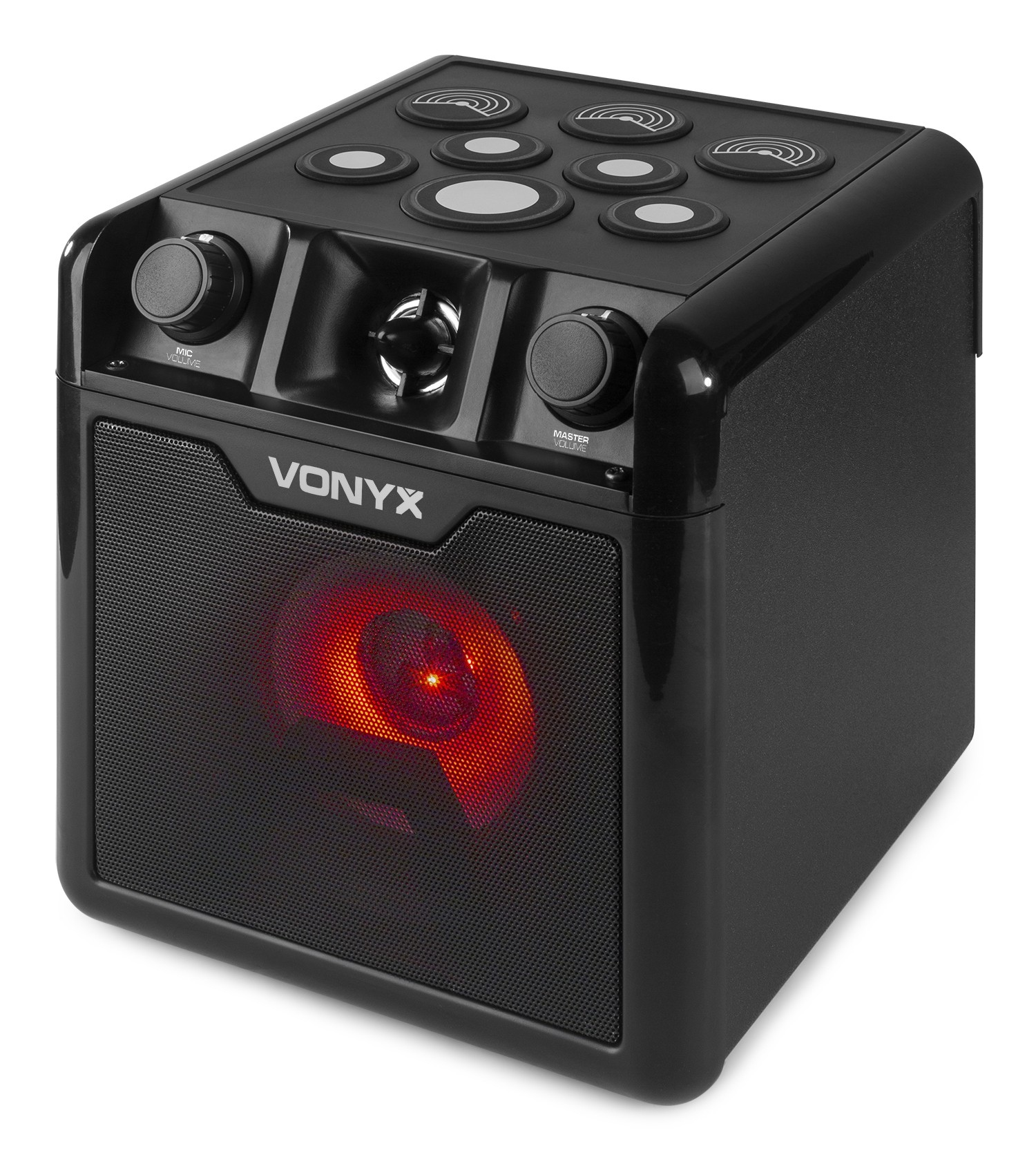 Altavoz Vonyx negro con luces rojas y controles en la parte superior.