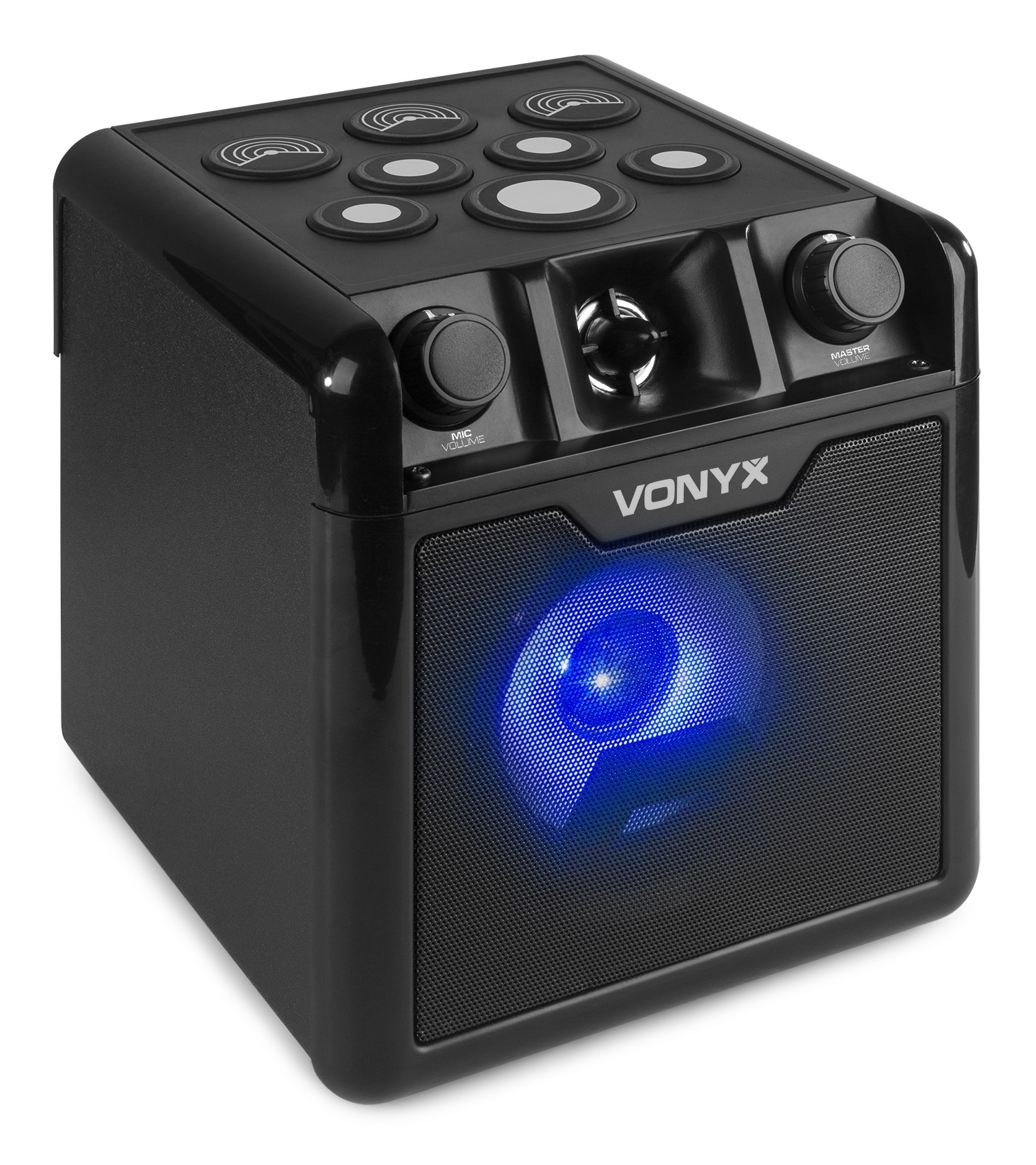 Altavoz Vonyx negro con luz LED azul y perillas de control.