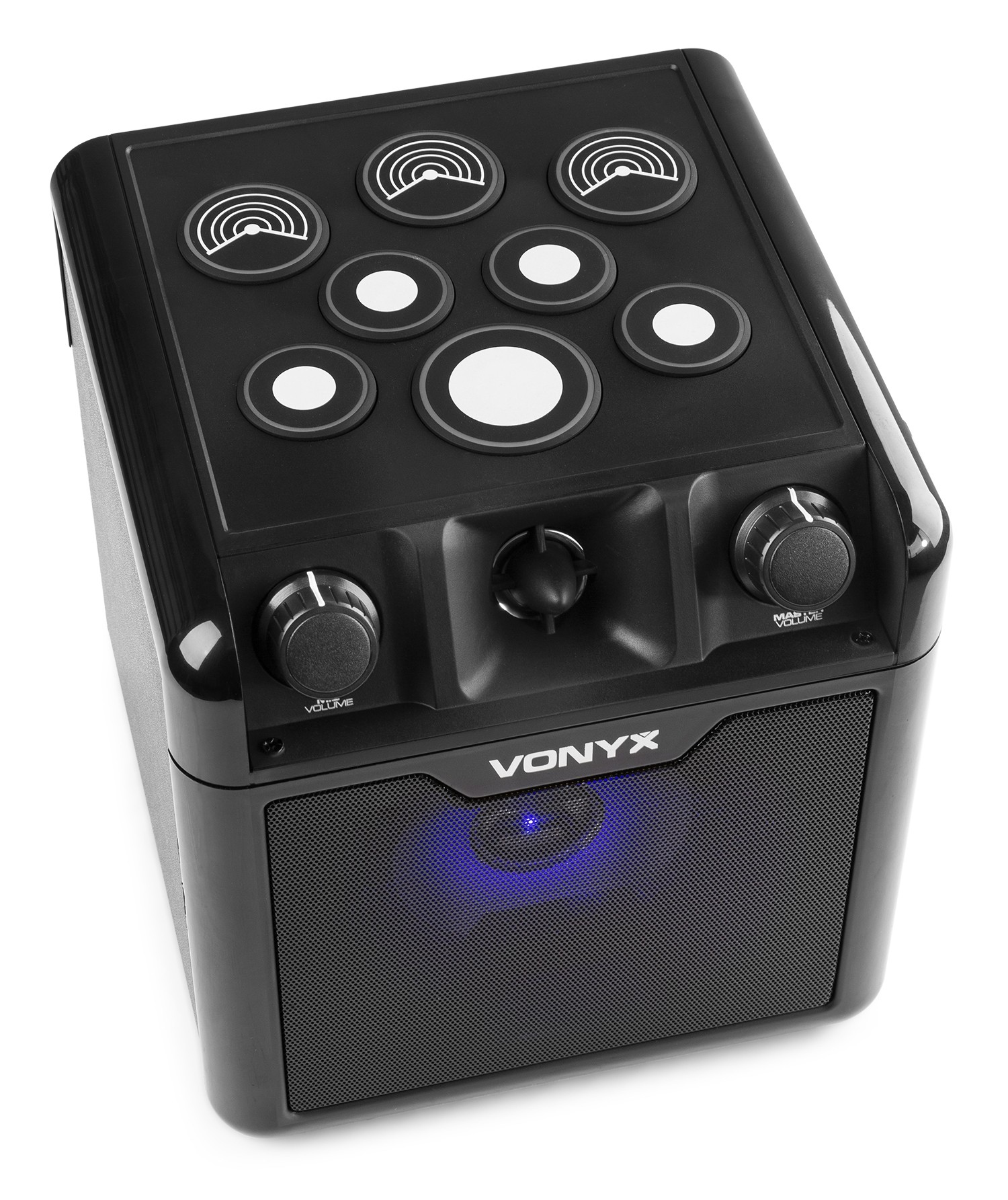 Altavoz Vonyx negro con controles y mandos.
