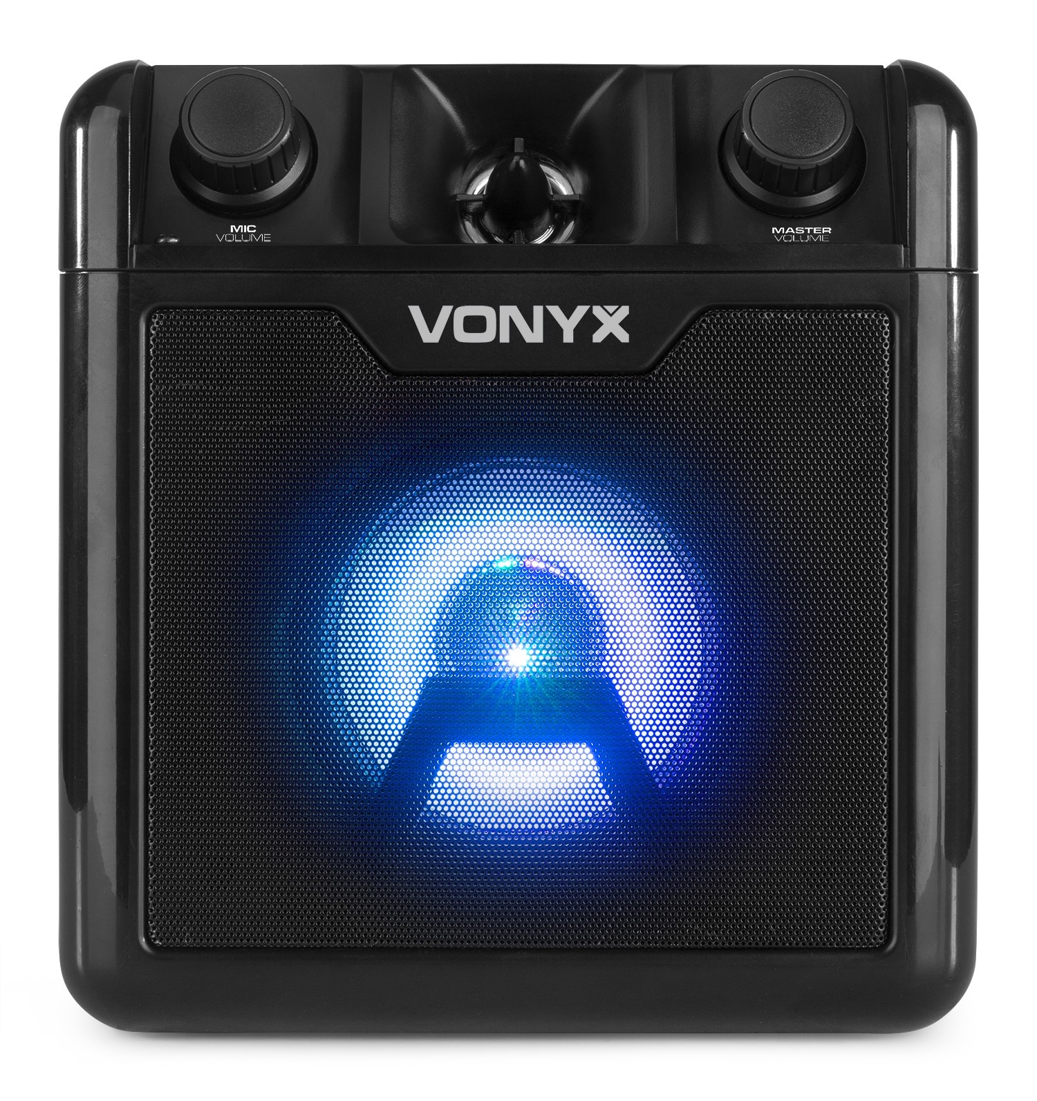 Altavoz Vonyx negro con luces azules y perillas de volumen en la parte superior.