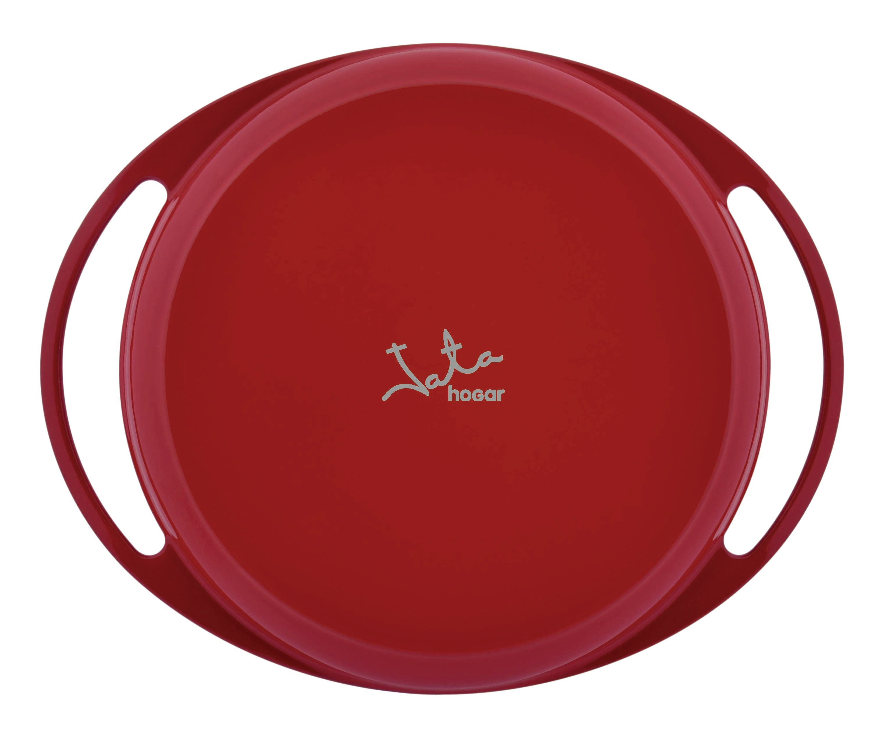 Bandeja redonda roja con dos asas y logo central.