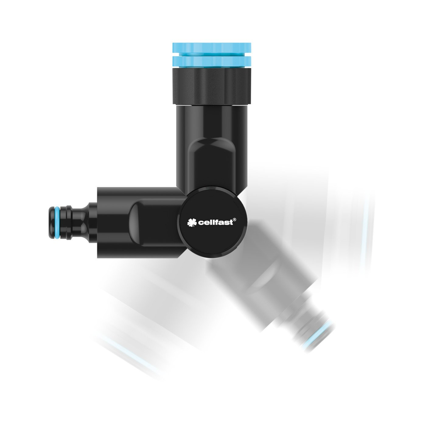 Distribuidor de agua negro con anillo azul. Logo Cellfast.