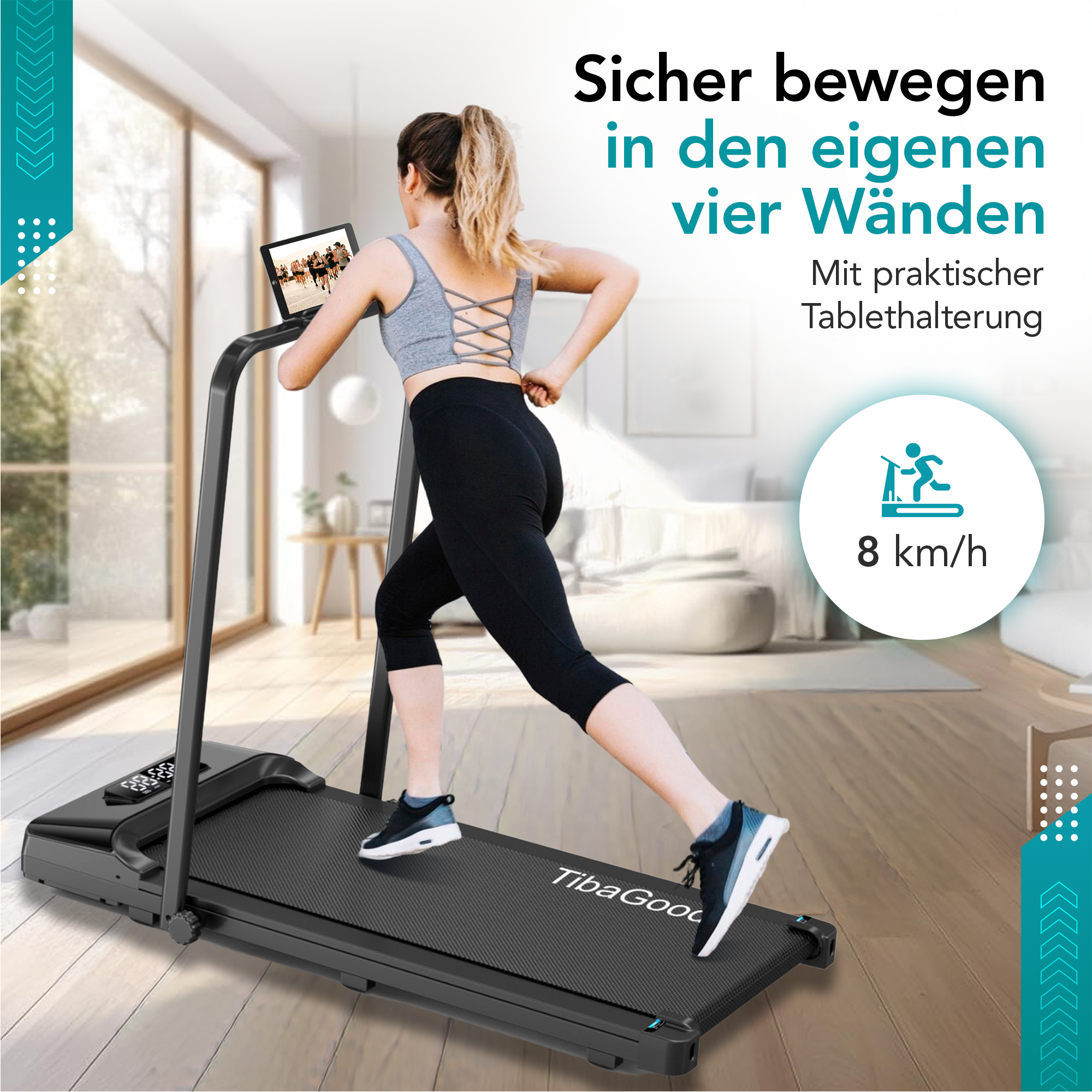 Woman running on a treadmill with a tablet holder, 8 km/h.