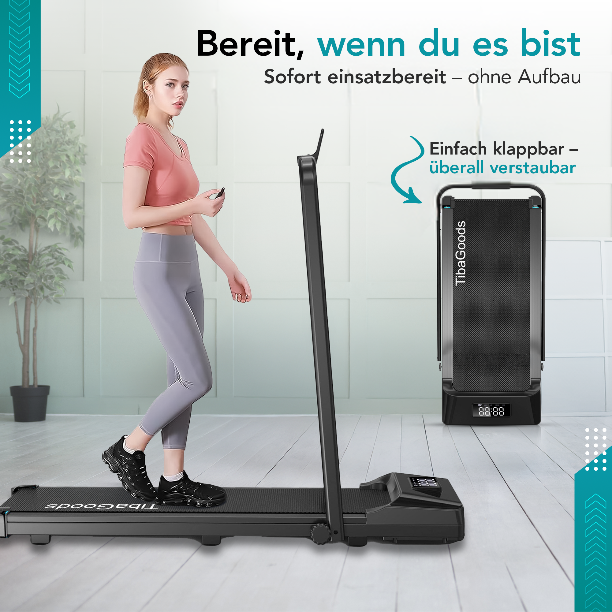 A woman on a treadmill next to a folded treadmill.