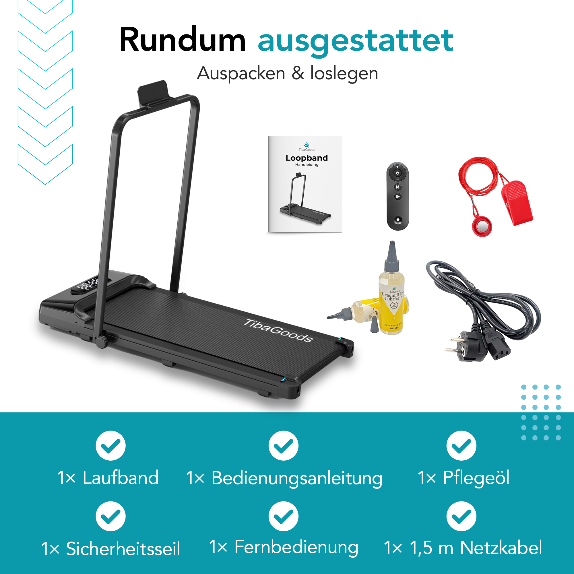 Treadmill with accessories: manual, remote, oil, cable, safety rope.