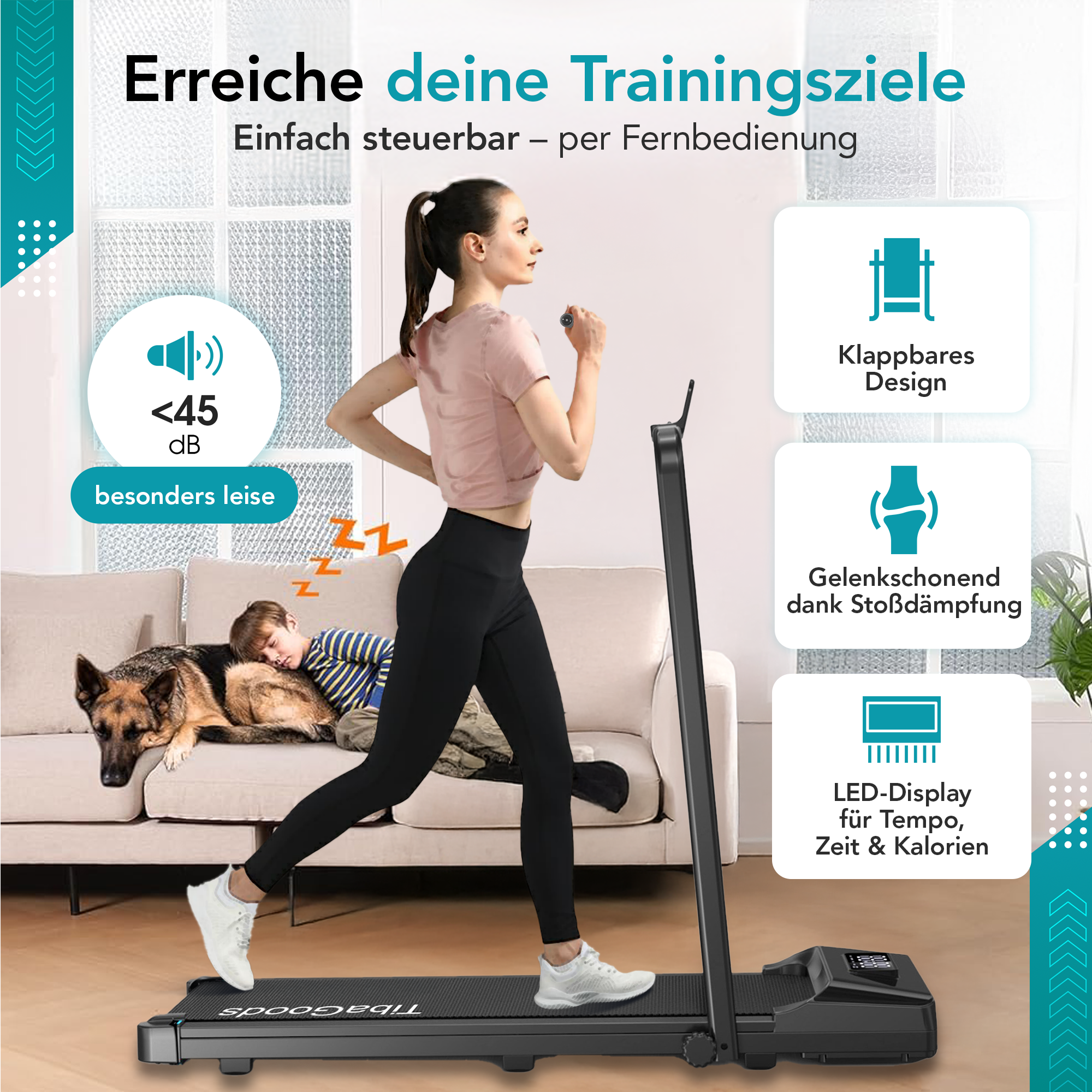 Woman on treadmill, dog and child sleep on sofa in background.