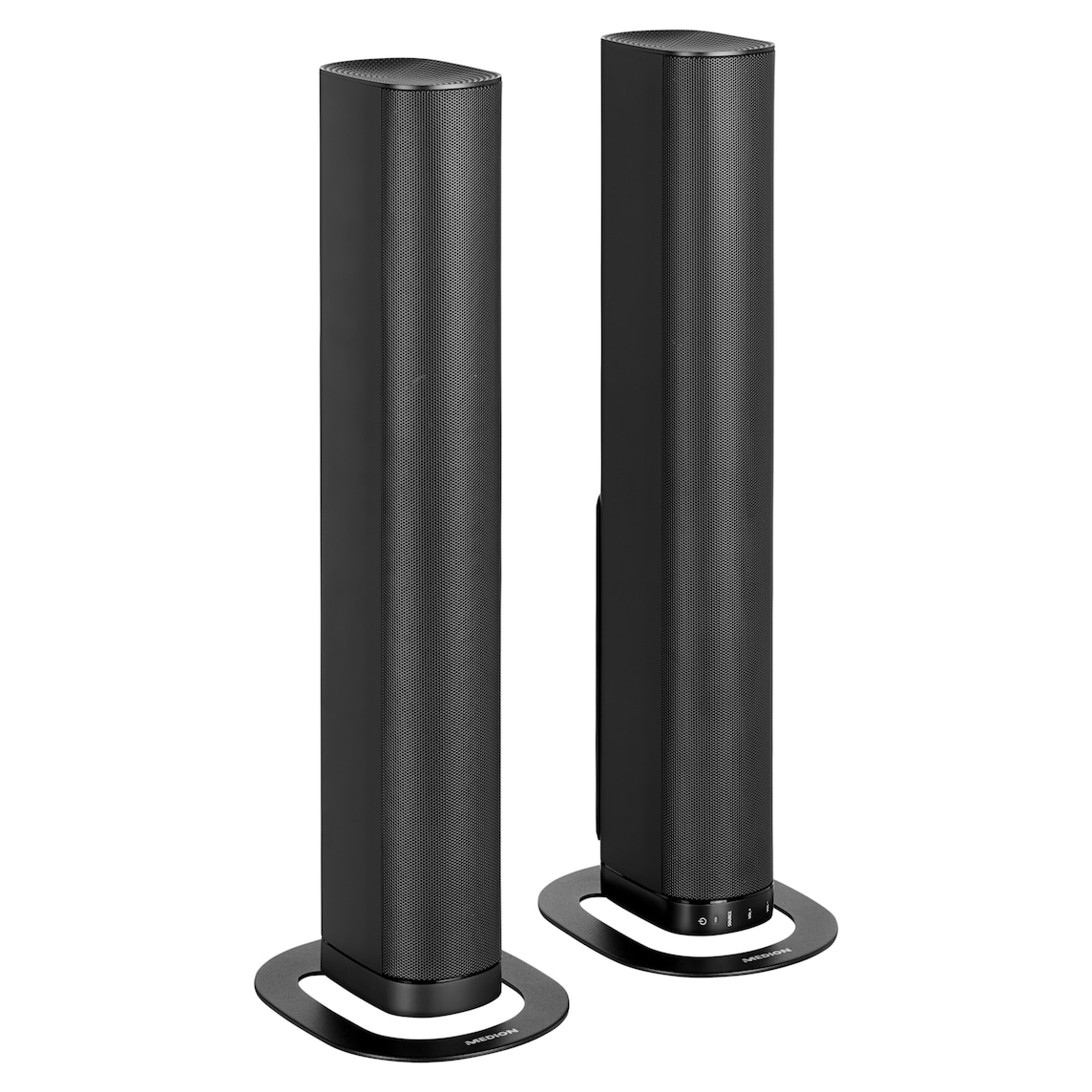 Dwa czarne, smukłe głośniki podłogowe z owalnymi podstawami na białym tle.