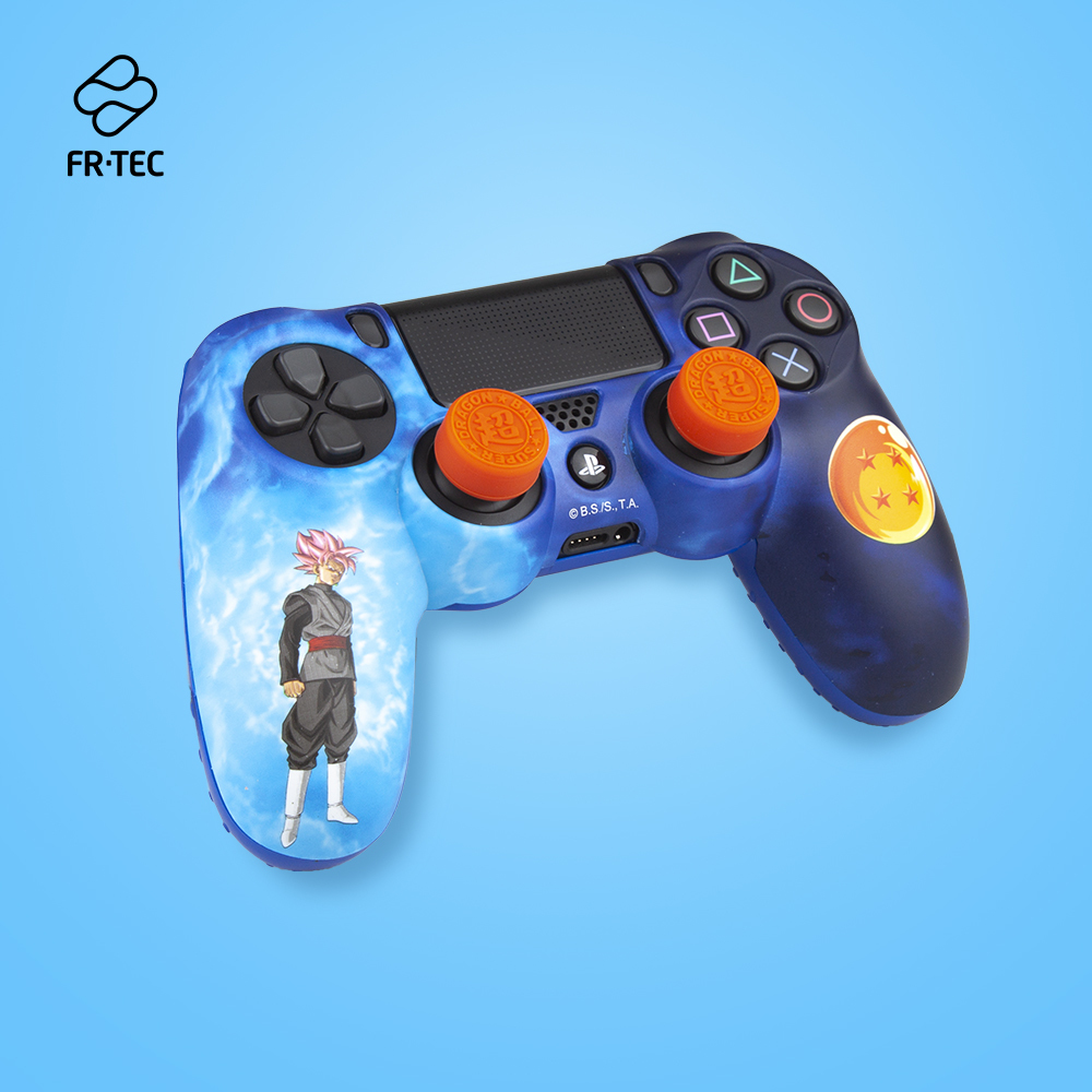 Un controller blu a tema Dragon Ball con personaggi, stick arancioni.