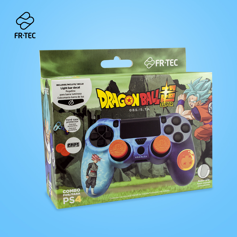 Scatola accessori controller PS4 con tema Dragon Ball e illustrazioni di personaggi.