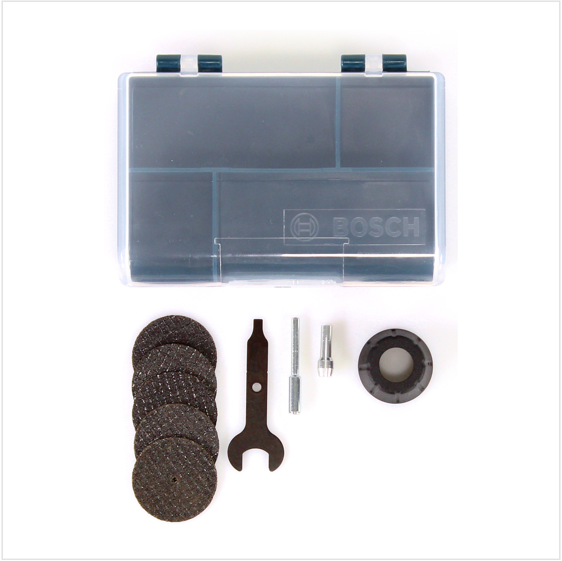 Zestaw narzędzi Bosch z tarczami tnącymi, kluczem i trzpieniami.