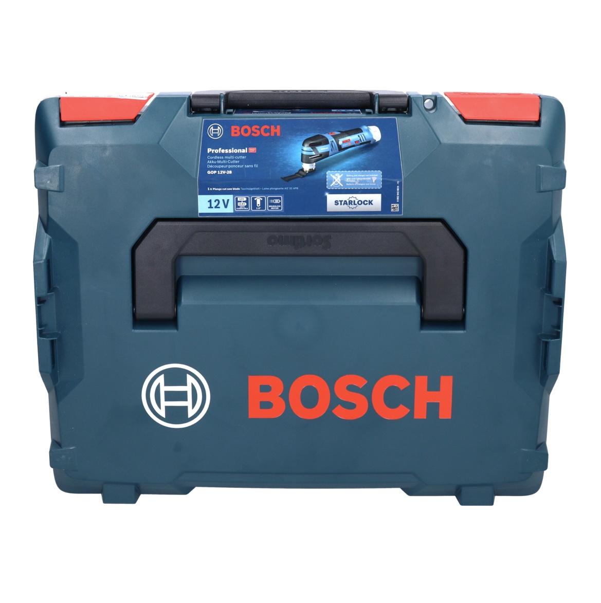 Dunkelblauer Bosch Werkzeugkoffer mit rotem Griff und Werkzeugabbildung.