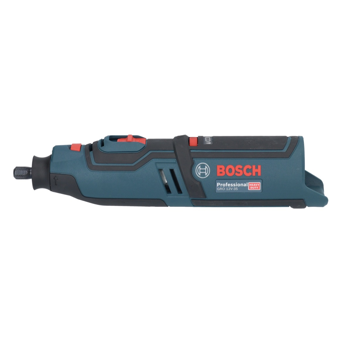 Una amoladora inalámbrica Bosch azul con detalles rojos y un portabrocas.