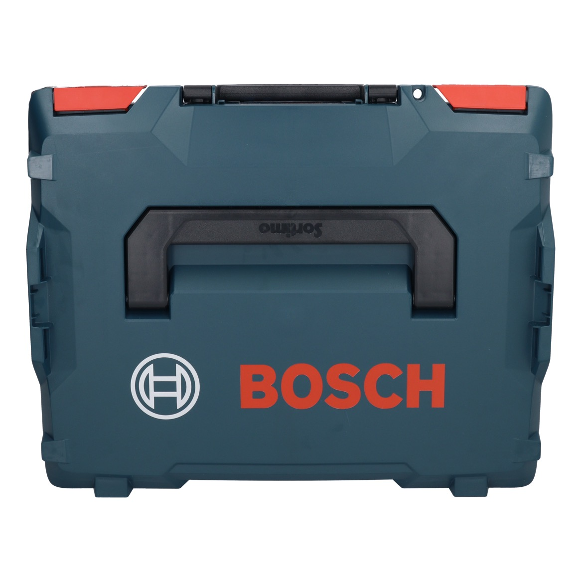 Caja de herramientas Bosch azul verdoso con logo rojo y asa negra.