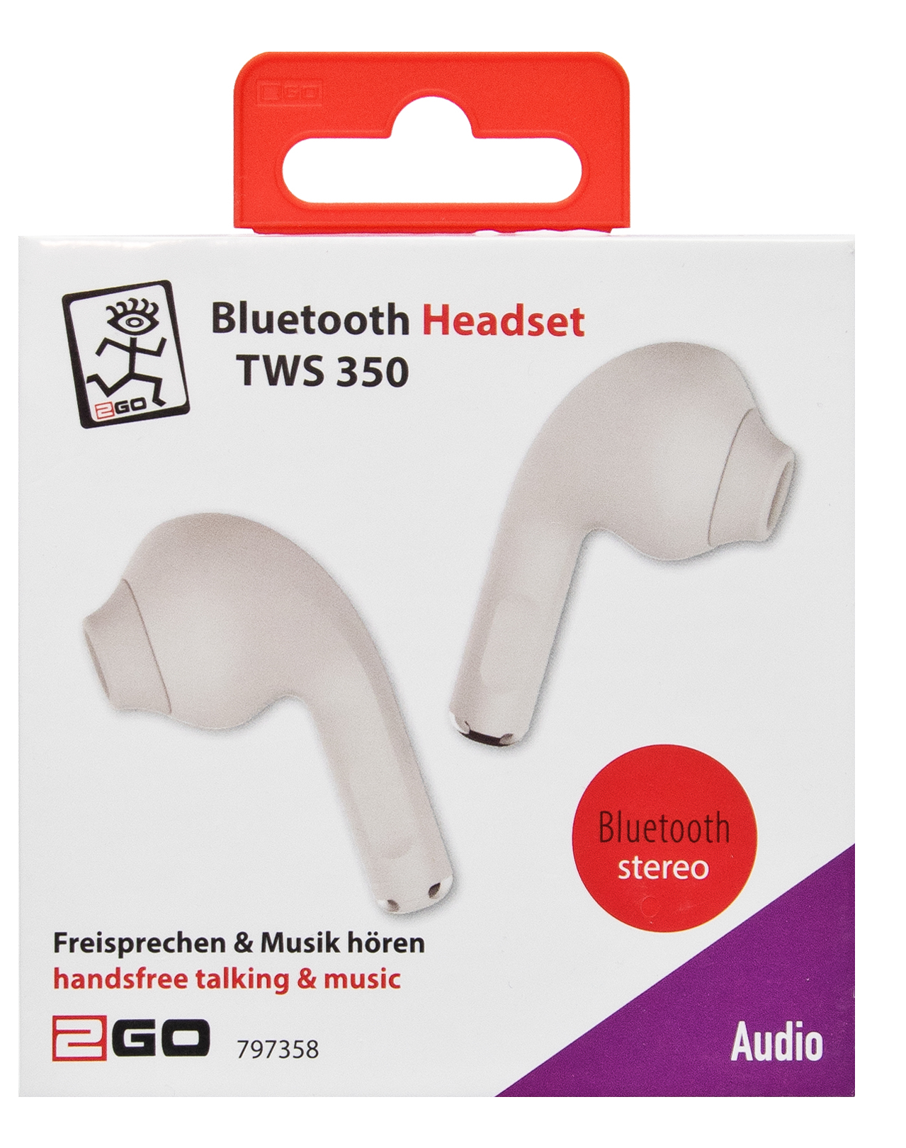 Confezione di un auricolare Bluetooth bianco, modello TWS 350.