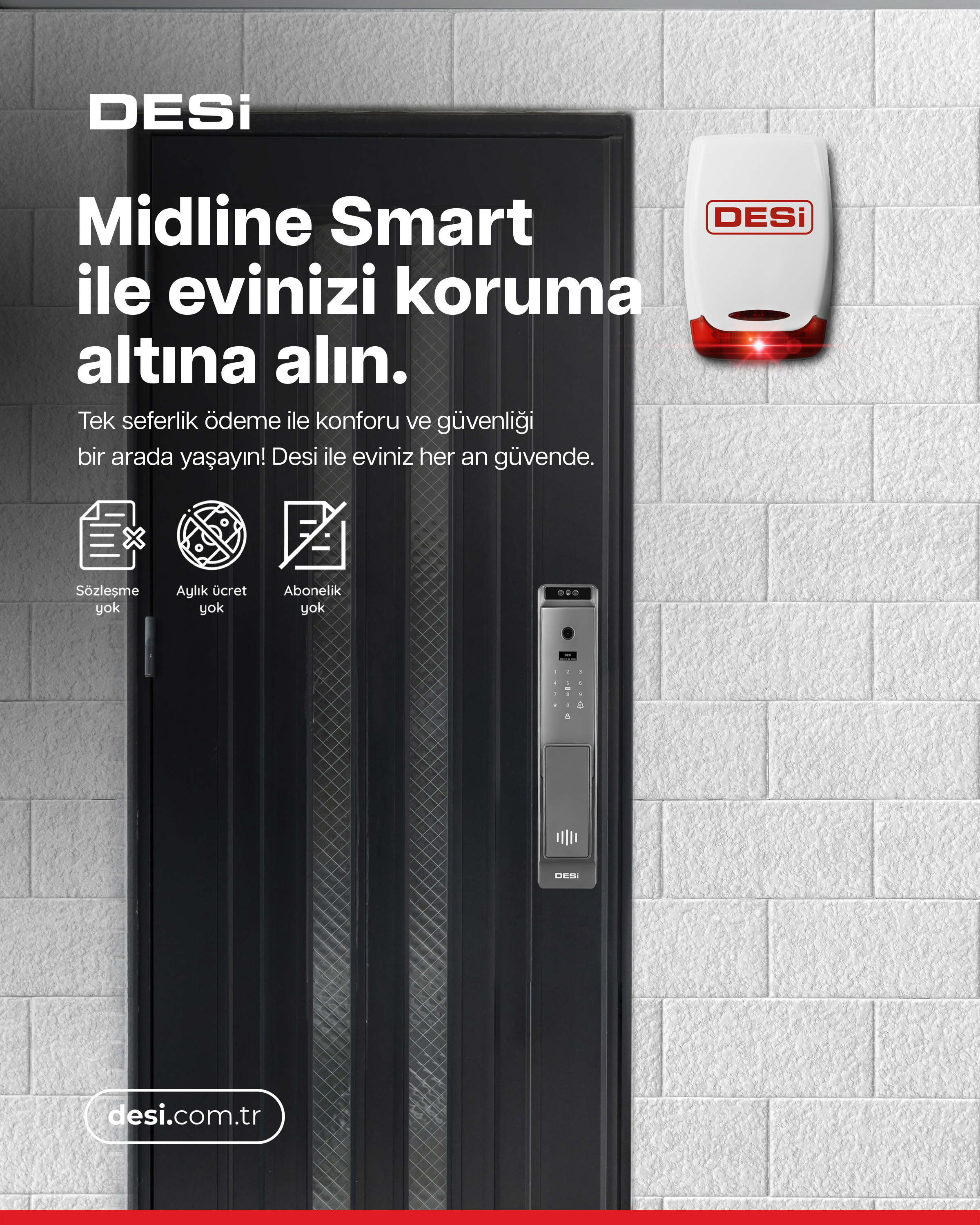Beyaz tuğla duvar, siyah kapı, Desi logosu, alarm ve interkom sistemi.