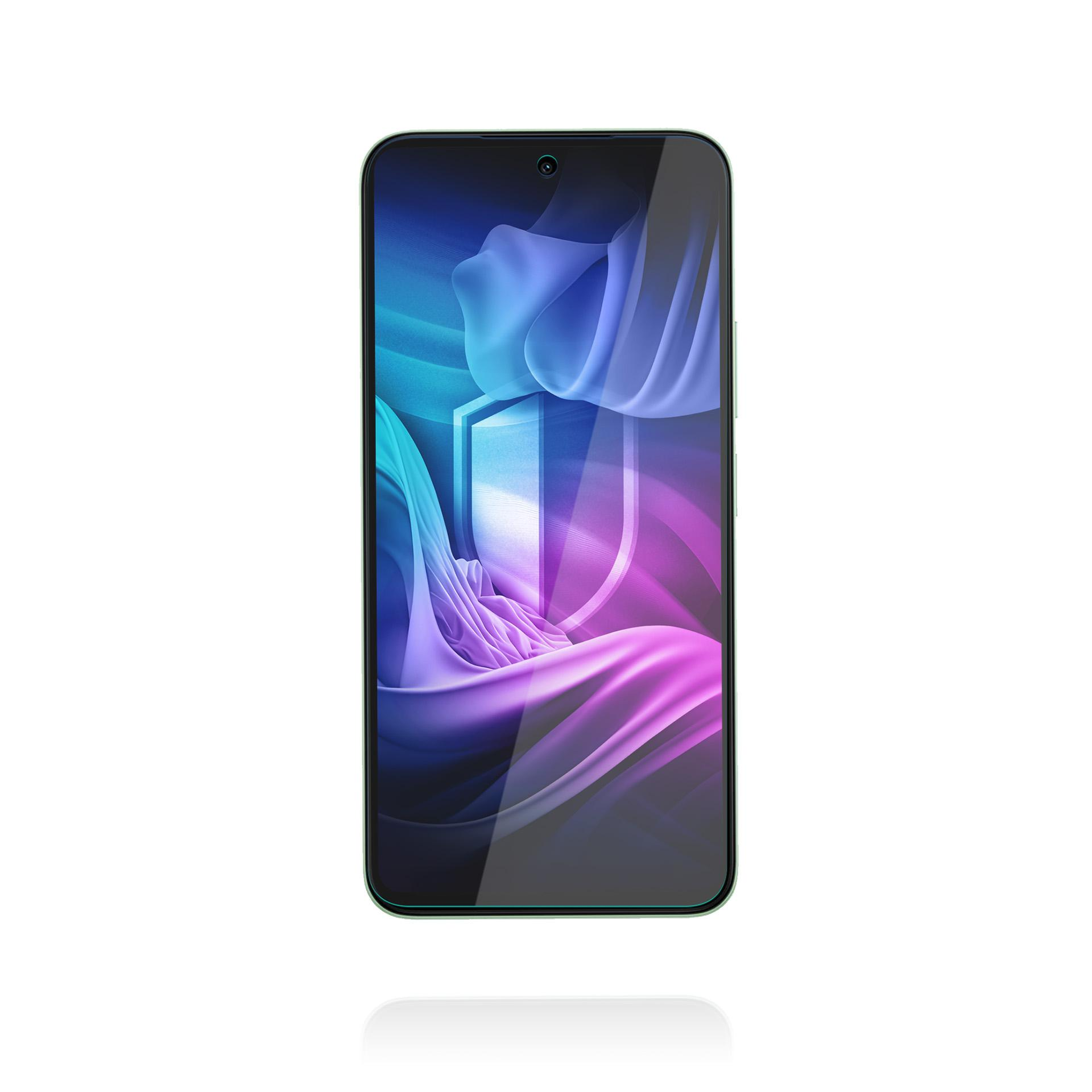 Uno smartphone con cornice verde acqua e sfondo astratto e fluido.
