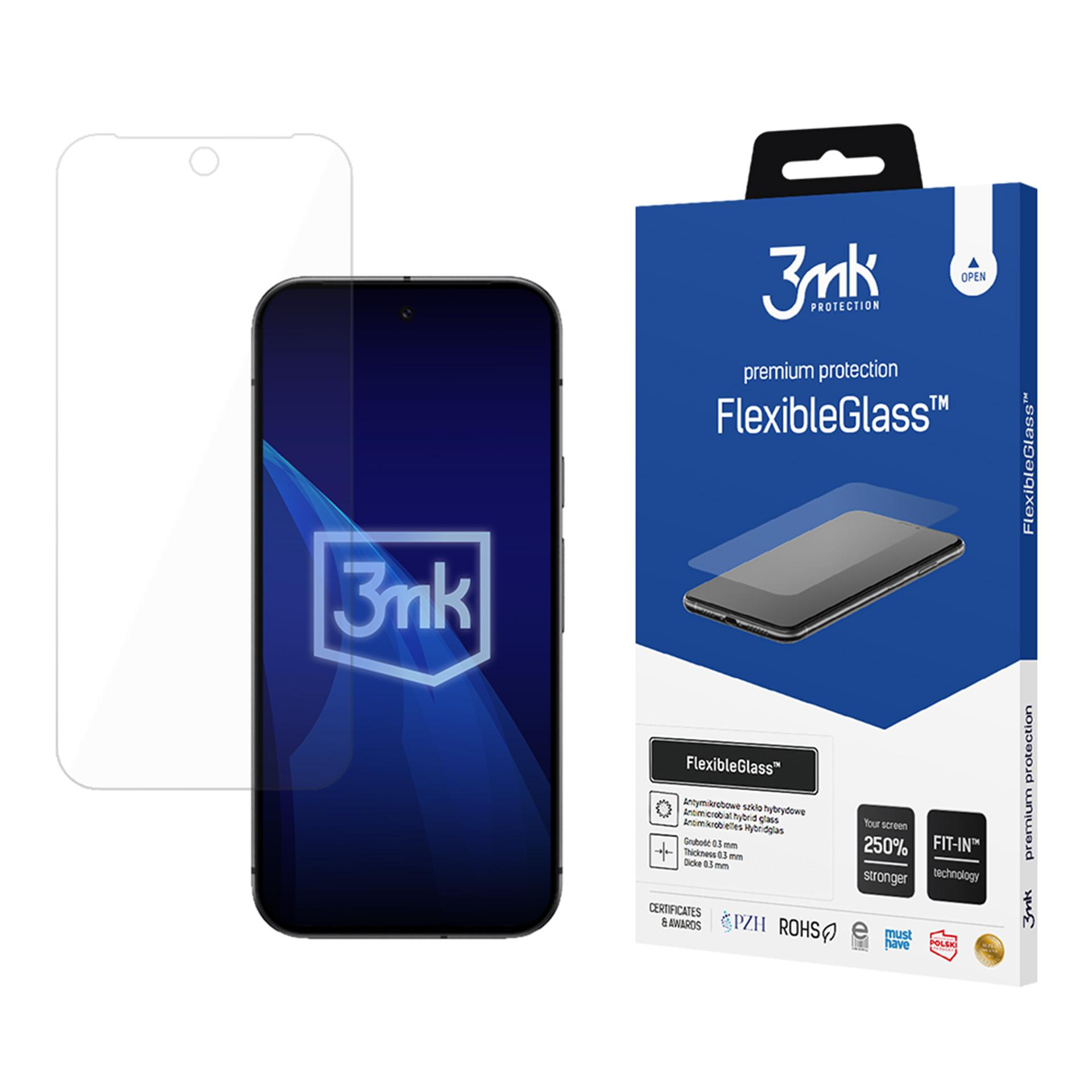 Confezione con pellicola protettiva per smartphone, marchio "3mk FlexibleGlass".