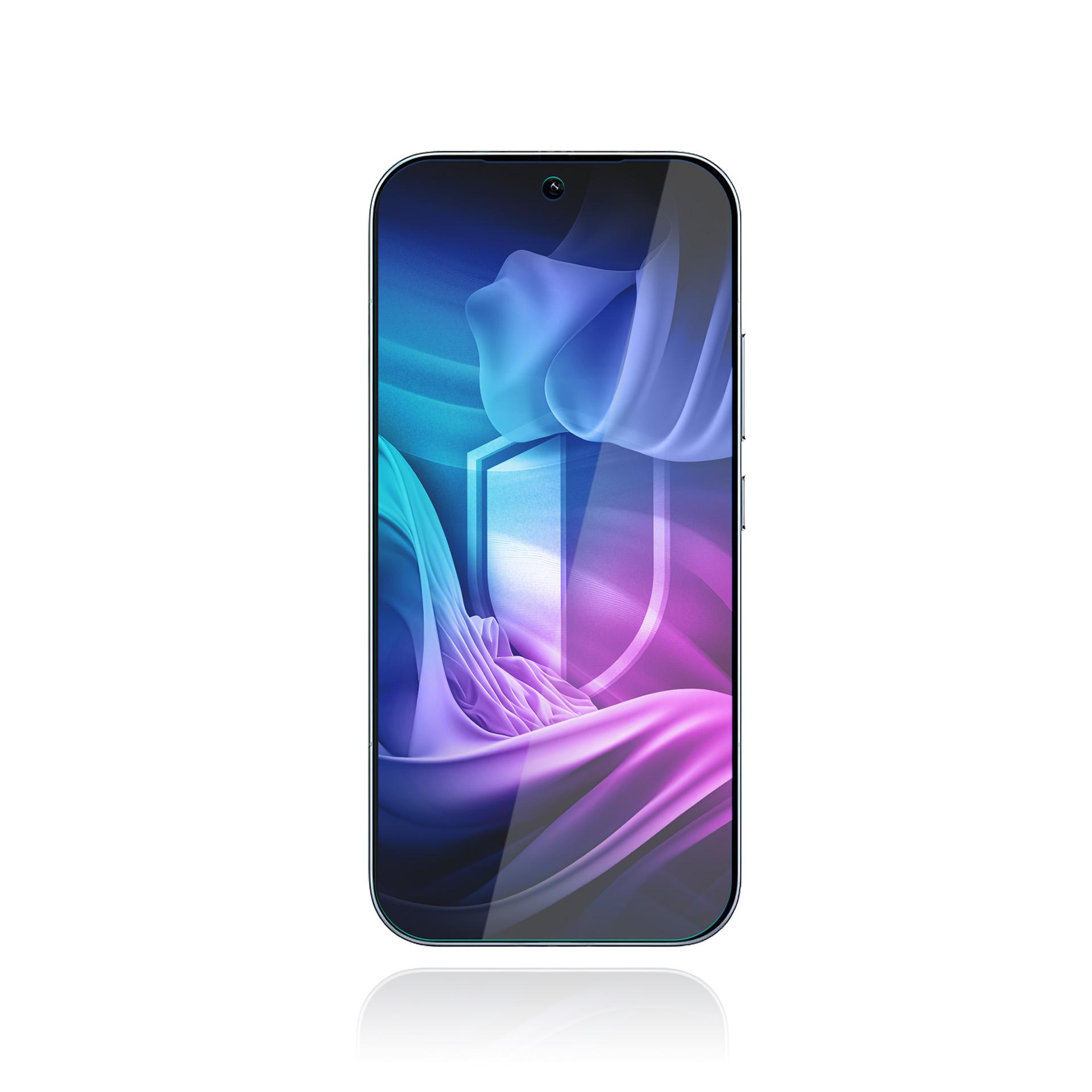 Uno smartphone con uno sfondo stilizzato sfumato blu e viola.