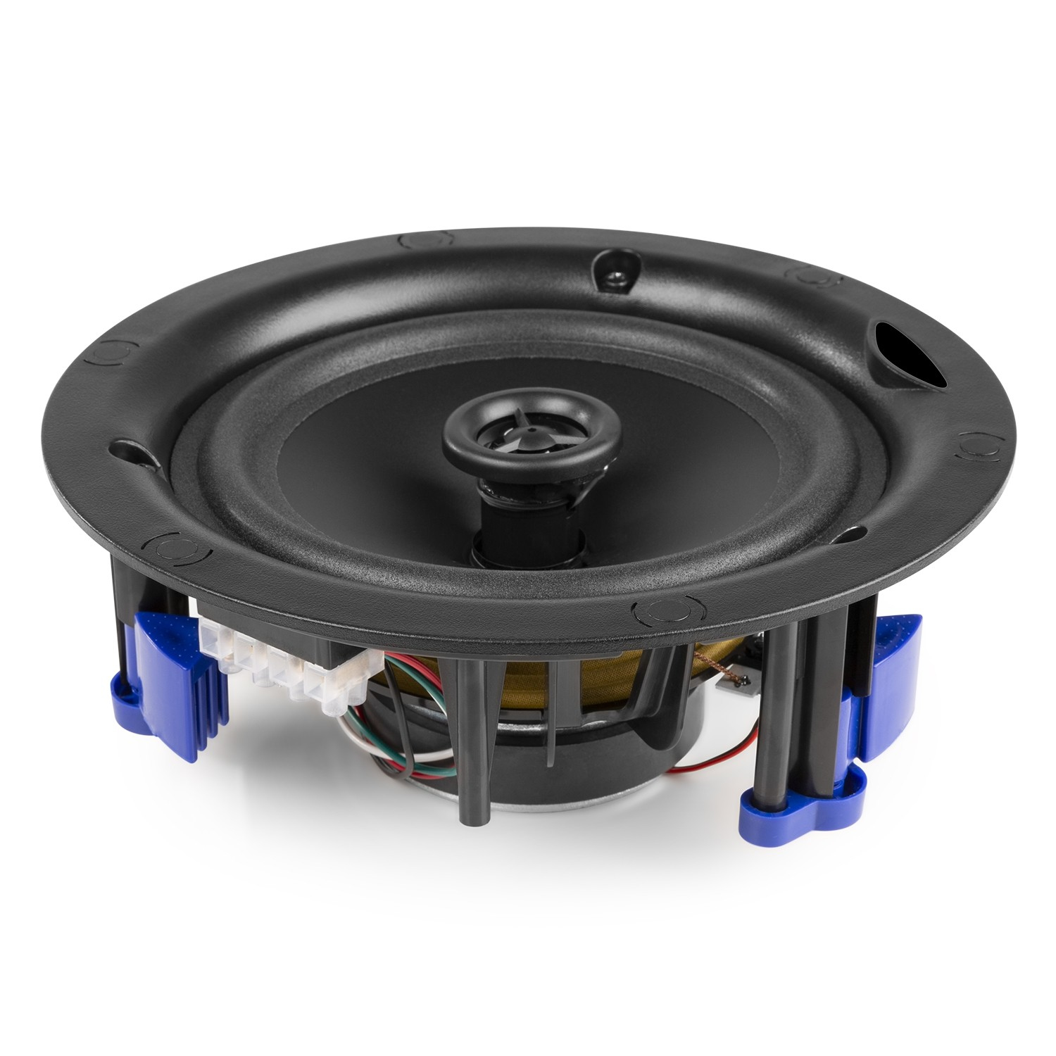 Un altavoz redondo negro para empotrar en techo con soportes azules y cableado visible.