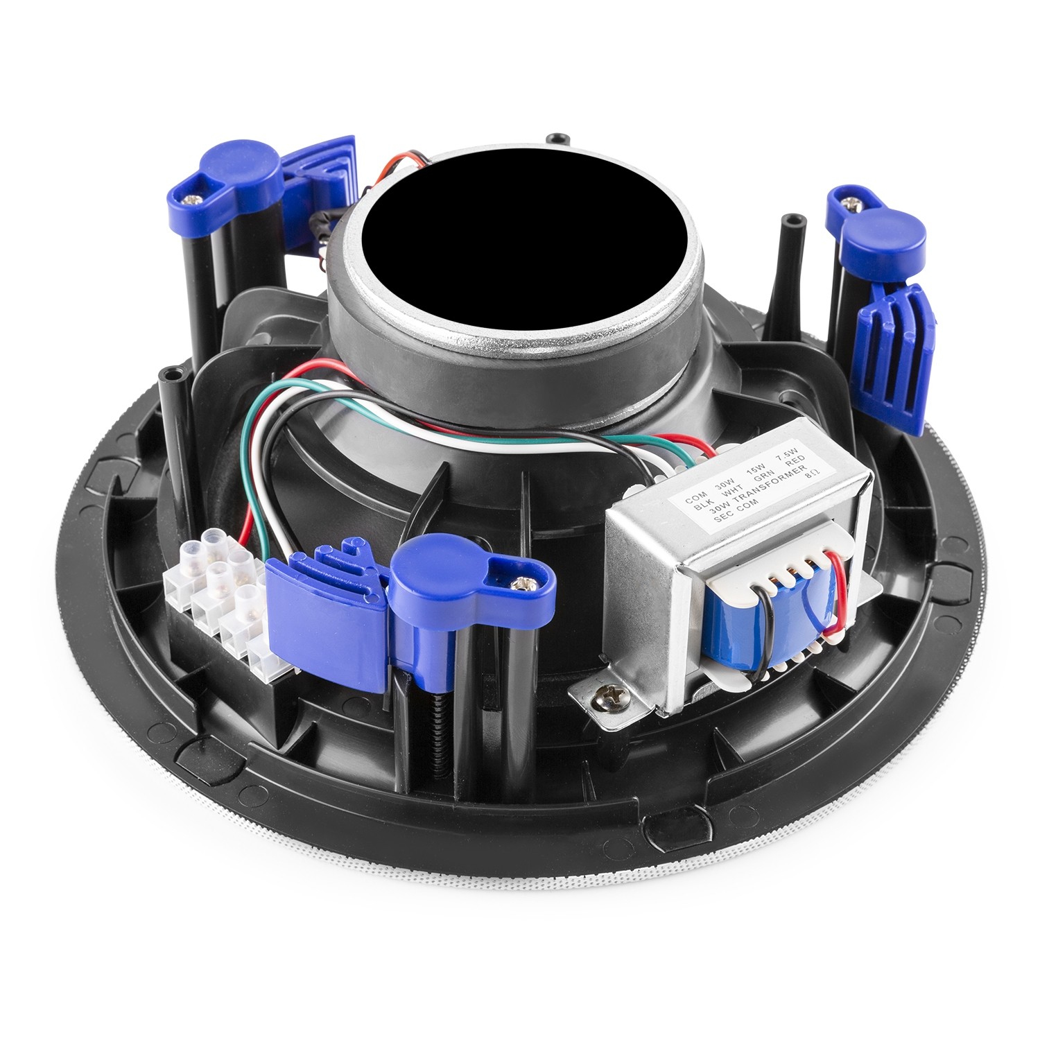 Un altavoz negro con clips de montaje azules y un transformador, aislado en blanco.