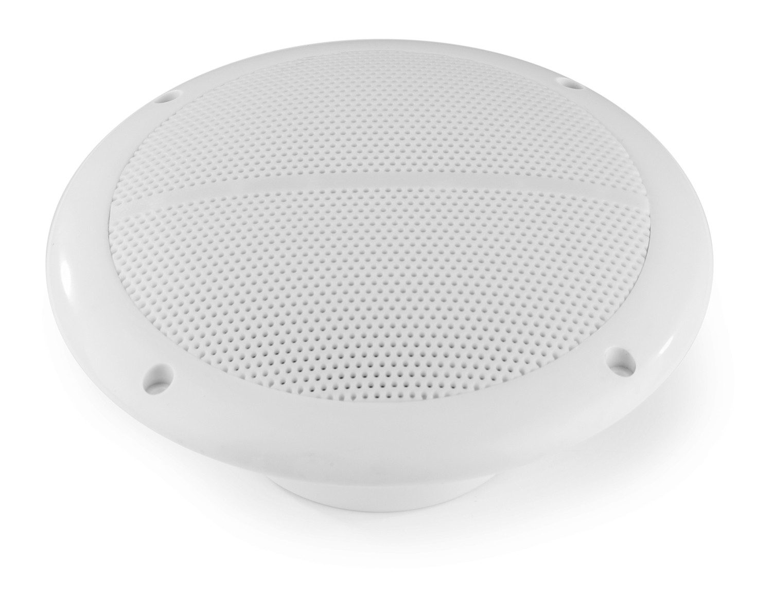 Un altavoz blanco con rejilla perforada y cuatro agujeros de montaje.
