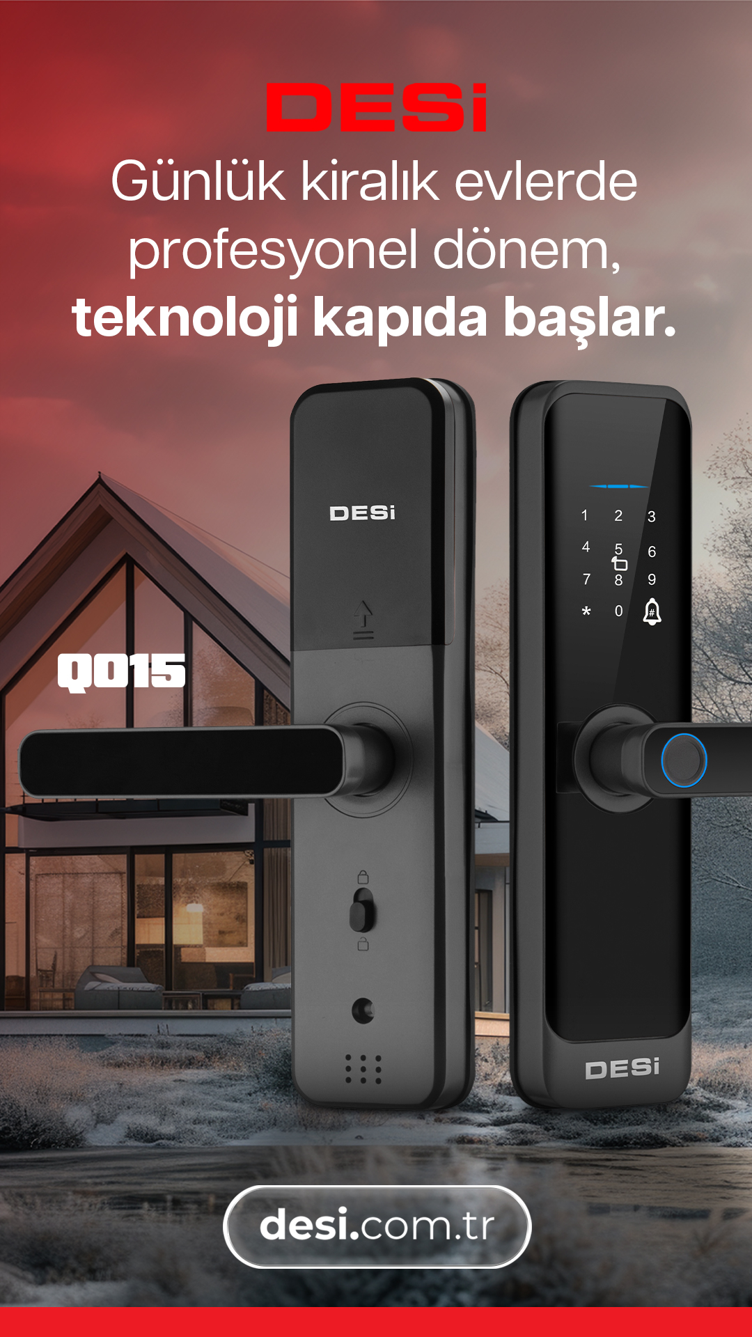 Karlı bir evin önünde modern kapı kilitleri. Q015 ve Desi.com.tr.